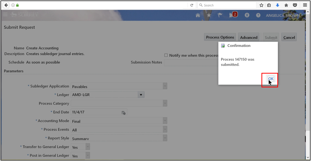 Confirming the journal batch submission by clicking OK.