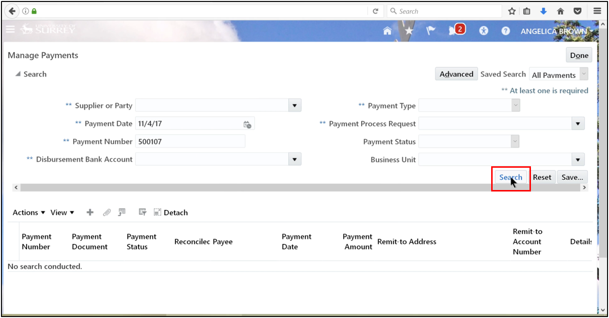 Search the payment details using the payment number and date.