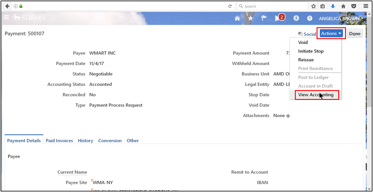 Accessing accounting entries by selecting View Accounting from the Actions menu.