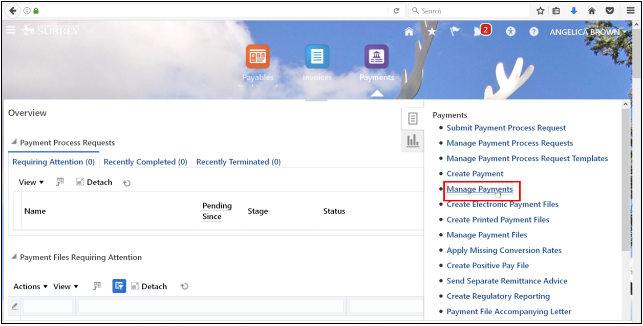 Opening the Manage Payment task in Oracle Fusion Accounts Payable.