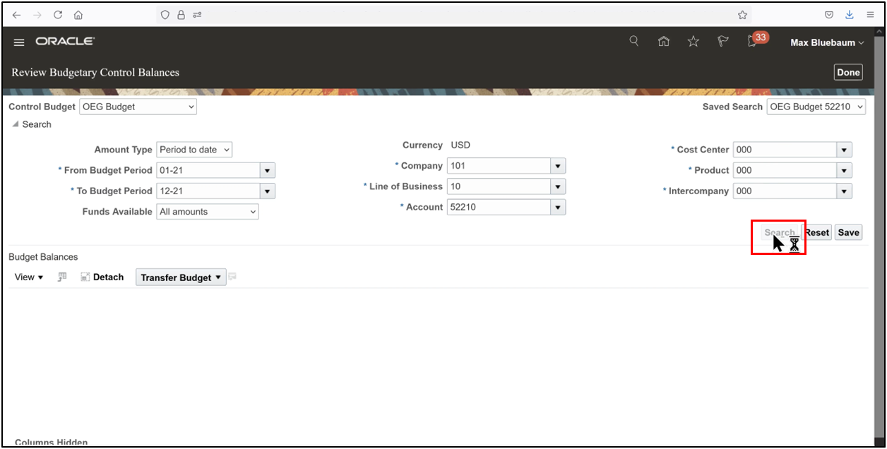 Oracle Fusion budgetary control balance search showing parameters entered