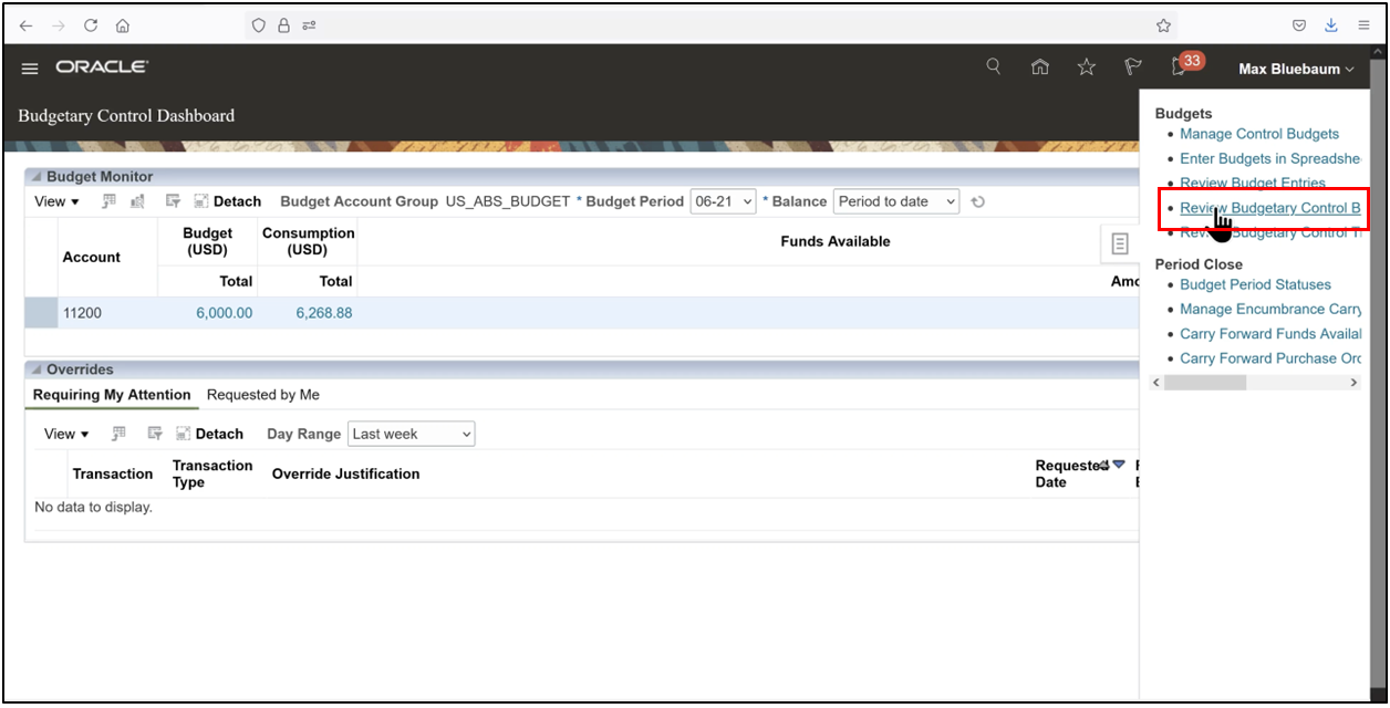 Oracle Fusion Budgetary Control tasks showing Review Budgetary Control Balances option