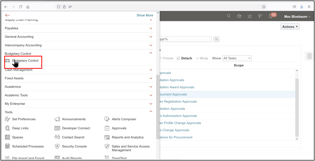 Oracle Fusion Navigator showing Budgetary Control option
