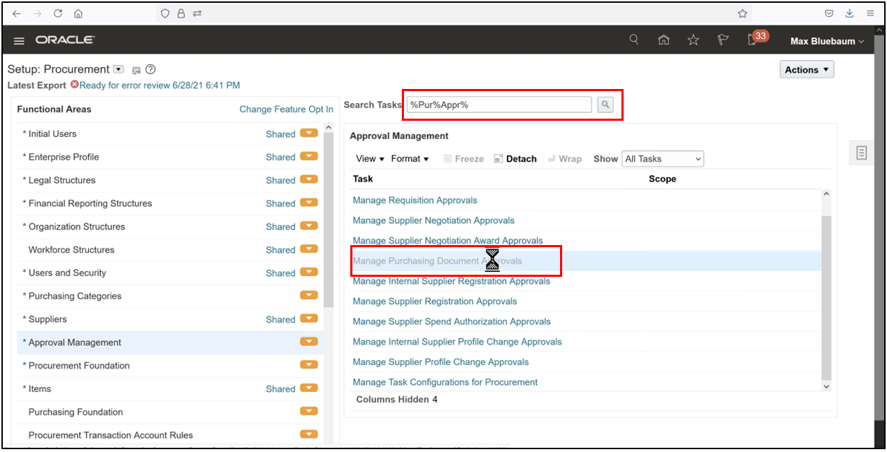 Oracle Fusion Setup and Maintenance showing search for procurement approval task