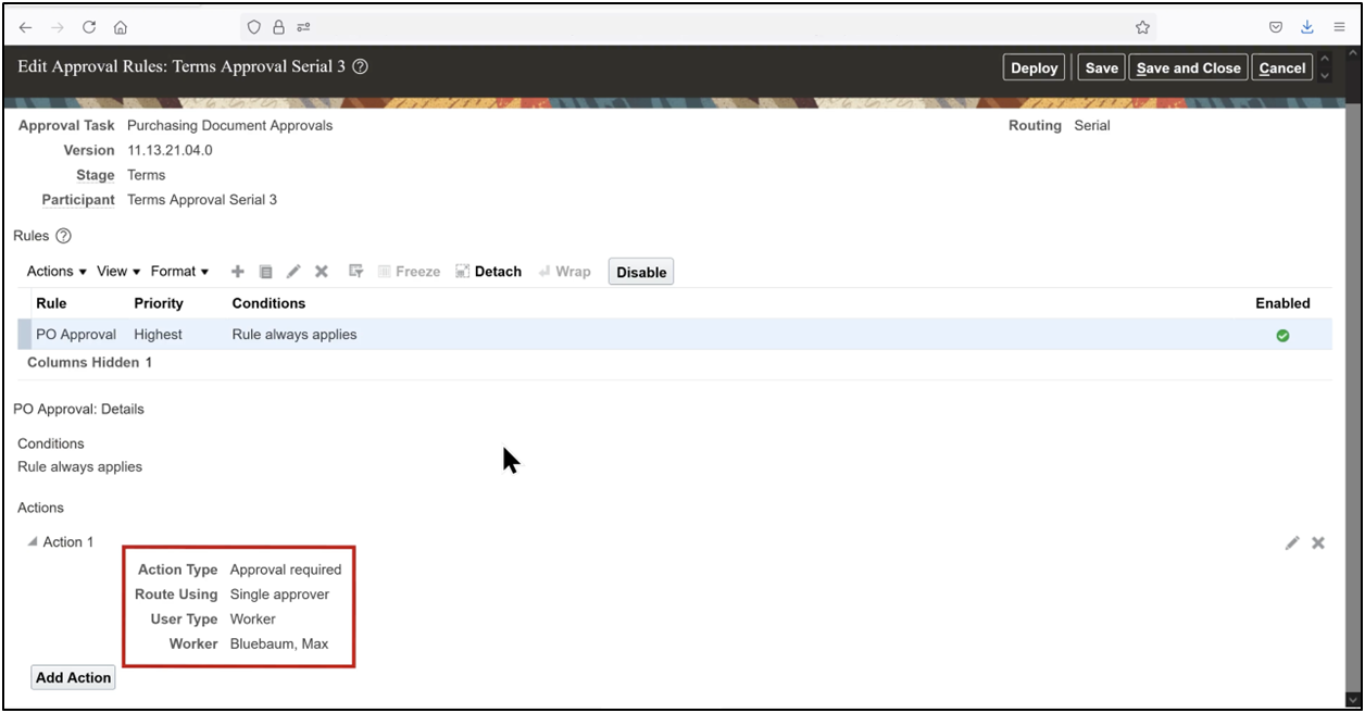 Oracle Fusion approval rule showing Approval Required action and assigned approver