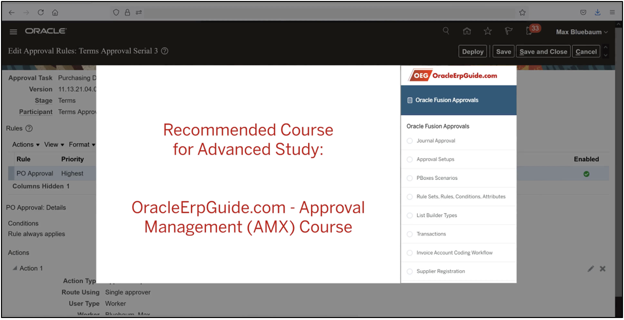 Oracle Fusion procurement approval rules configuration screen