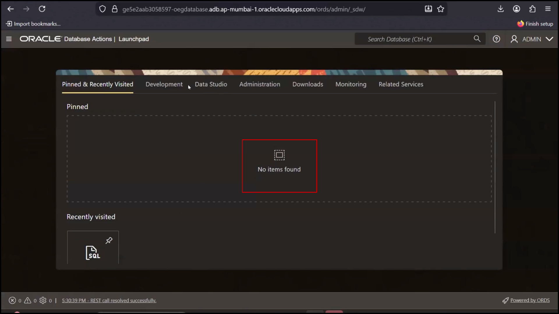Open SQL tool in Oracle Integration Cloud OIC instance interface