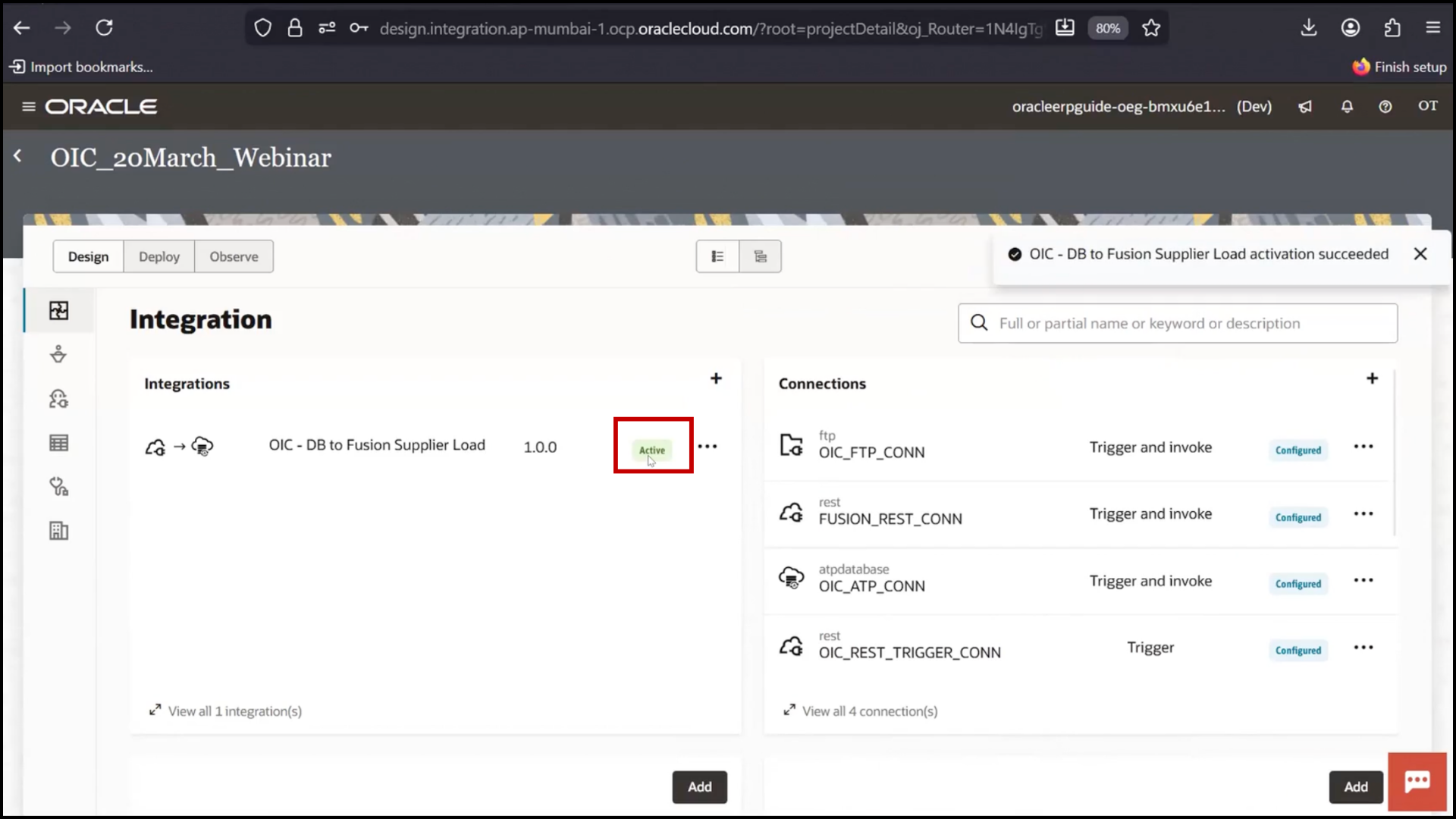 OIC integration screen selecting active integration and clicking Run to execute flow in Oracle Integration Cloud (OIC)