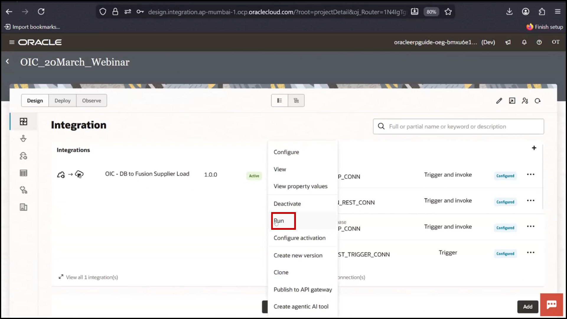 OIC integration screen clicking Refresh and confirming status changes to Active in Oracle Integration Cloud (OIC)