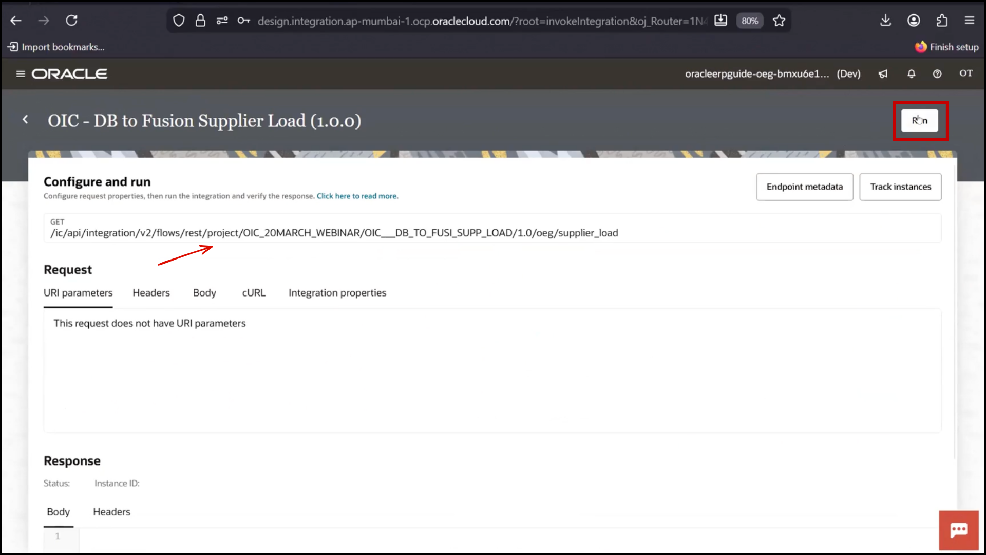 OIC integration run configuration screen setting parameters and executing run in Oracle Integration Cloud (OIC)
