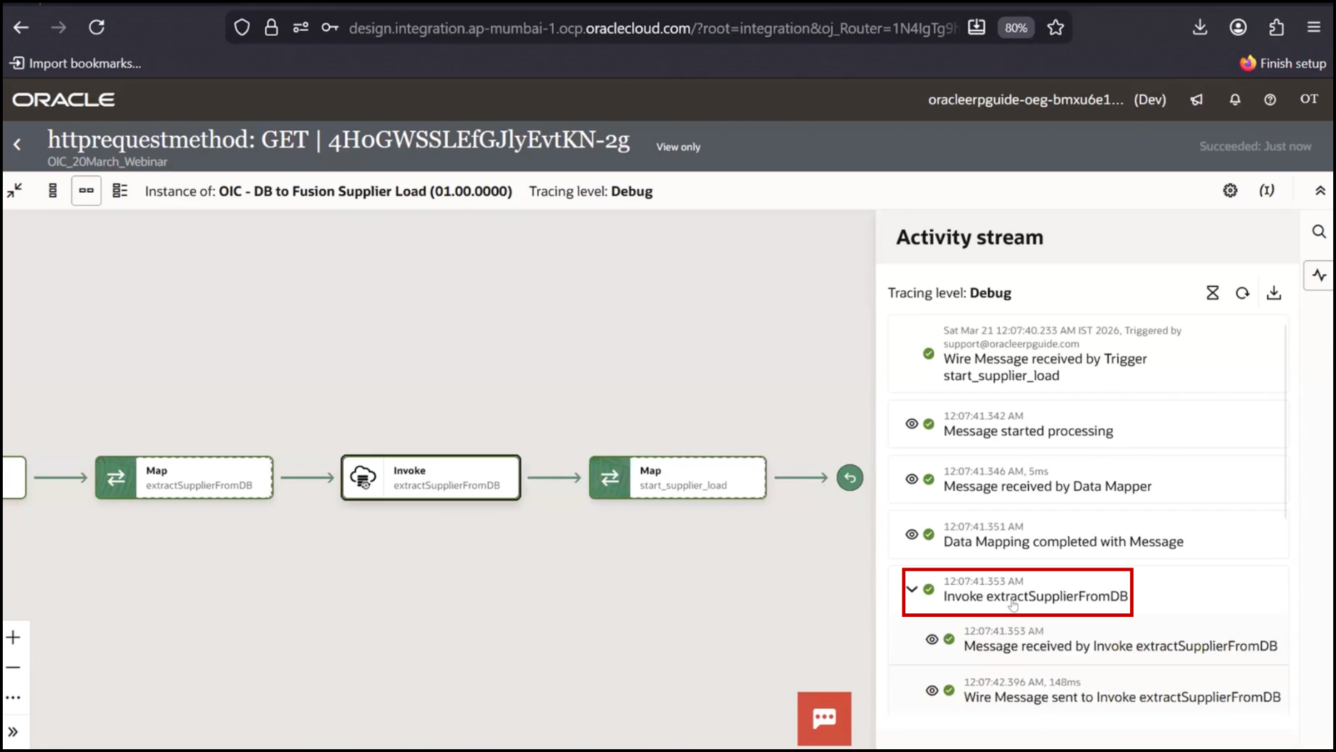 OIC monitoring screen verifying all steps in green and clicking "Extract suppliers from DB" in Oracle Integration Cloud (OIC)