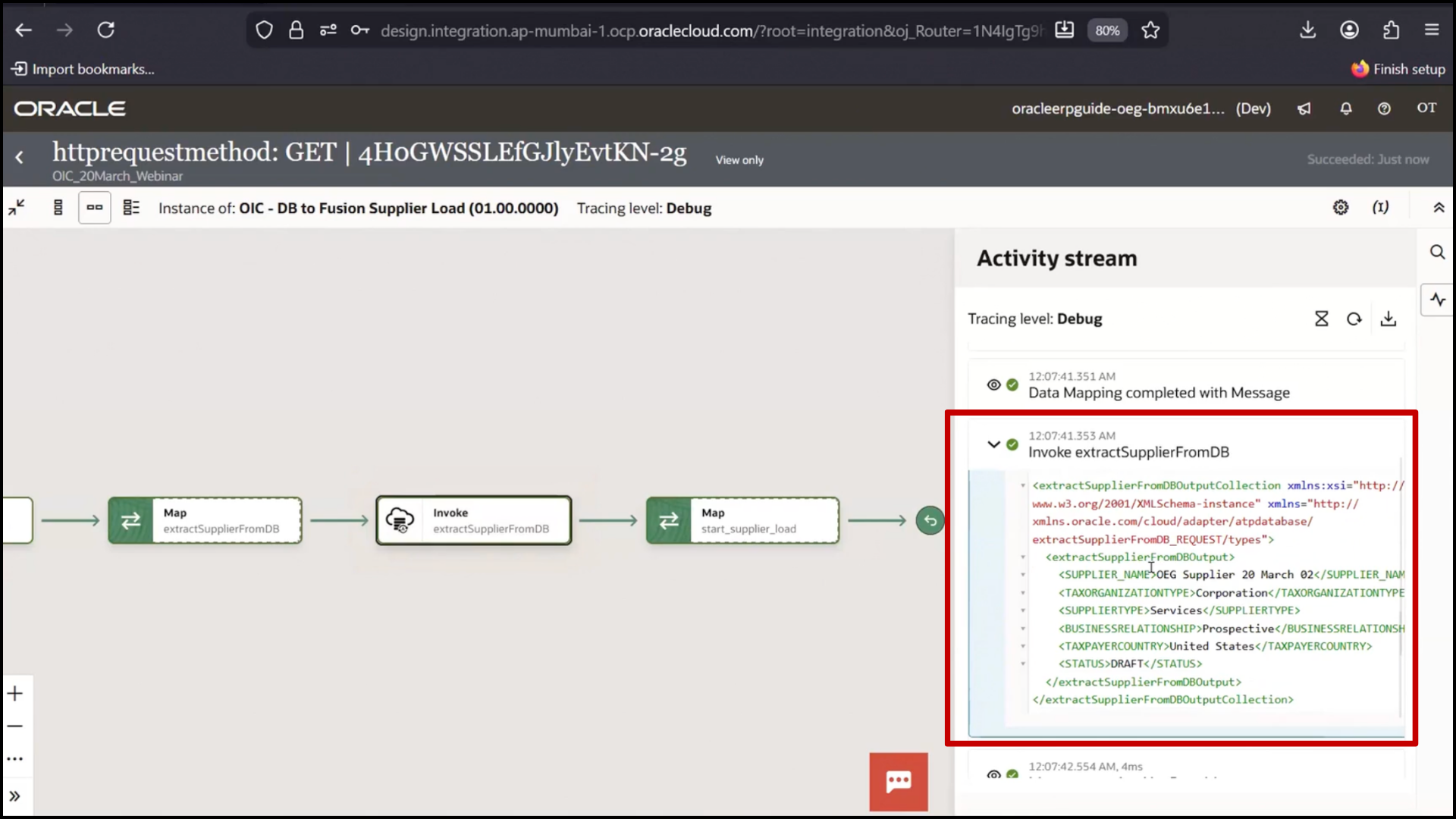 OIC monitoring screen viewing payload data from integration execution in Oracle Integration Cloud (OIC)