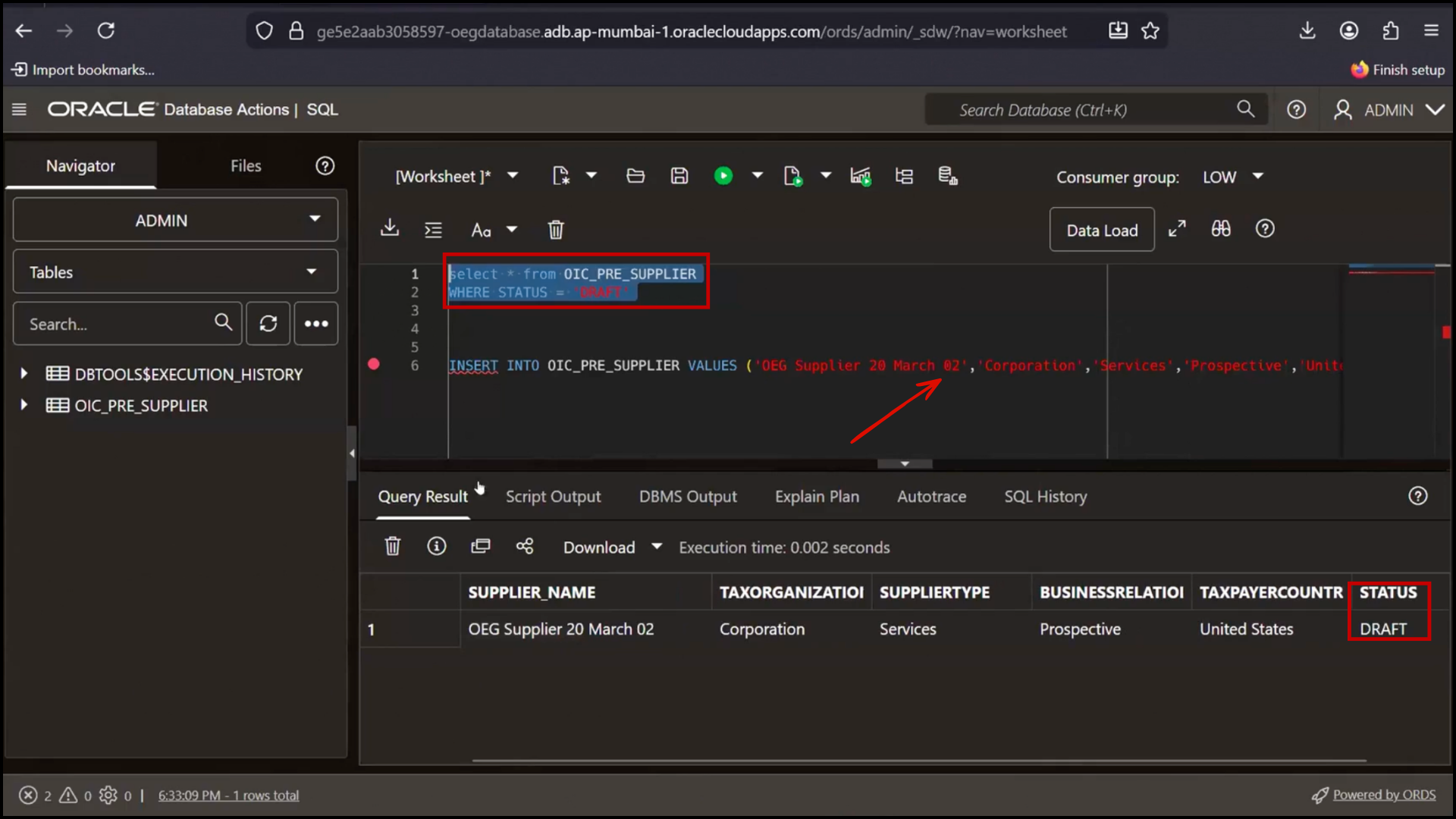 OIC payload data screen confirming only draft records are fetched from database in Oracle Integration Cloud (OIC)