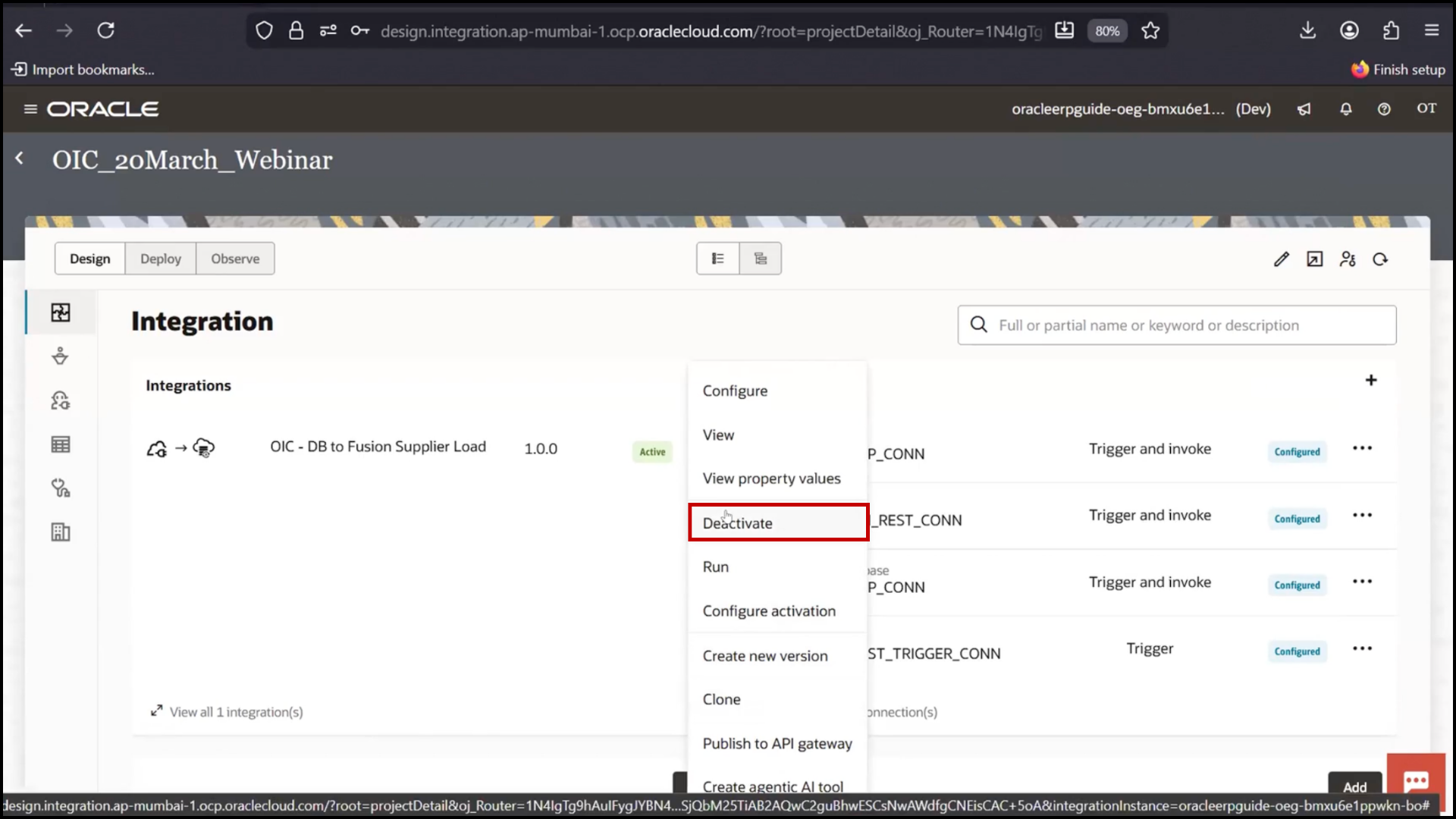 OIC integration screen clicking Deactivate to stop the integration in Oracle Integration Cloud (OIC)