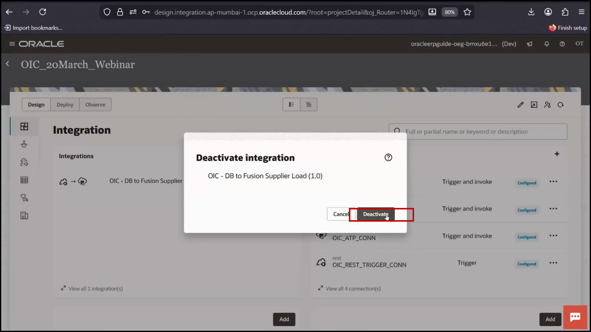 OIC confirmation dialog confirming deactivation of integration in Oracle Integration Cloud (OIC)