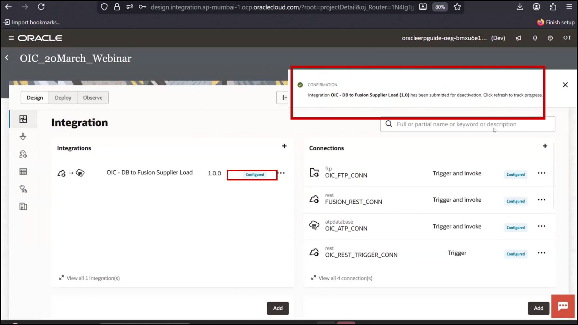 OIC integration screen waiting for status change after deactivation in Oracle Integration Cloud (OIC)