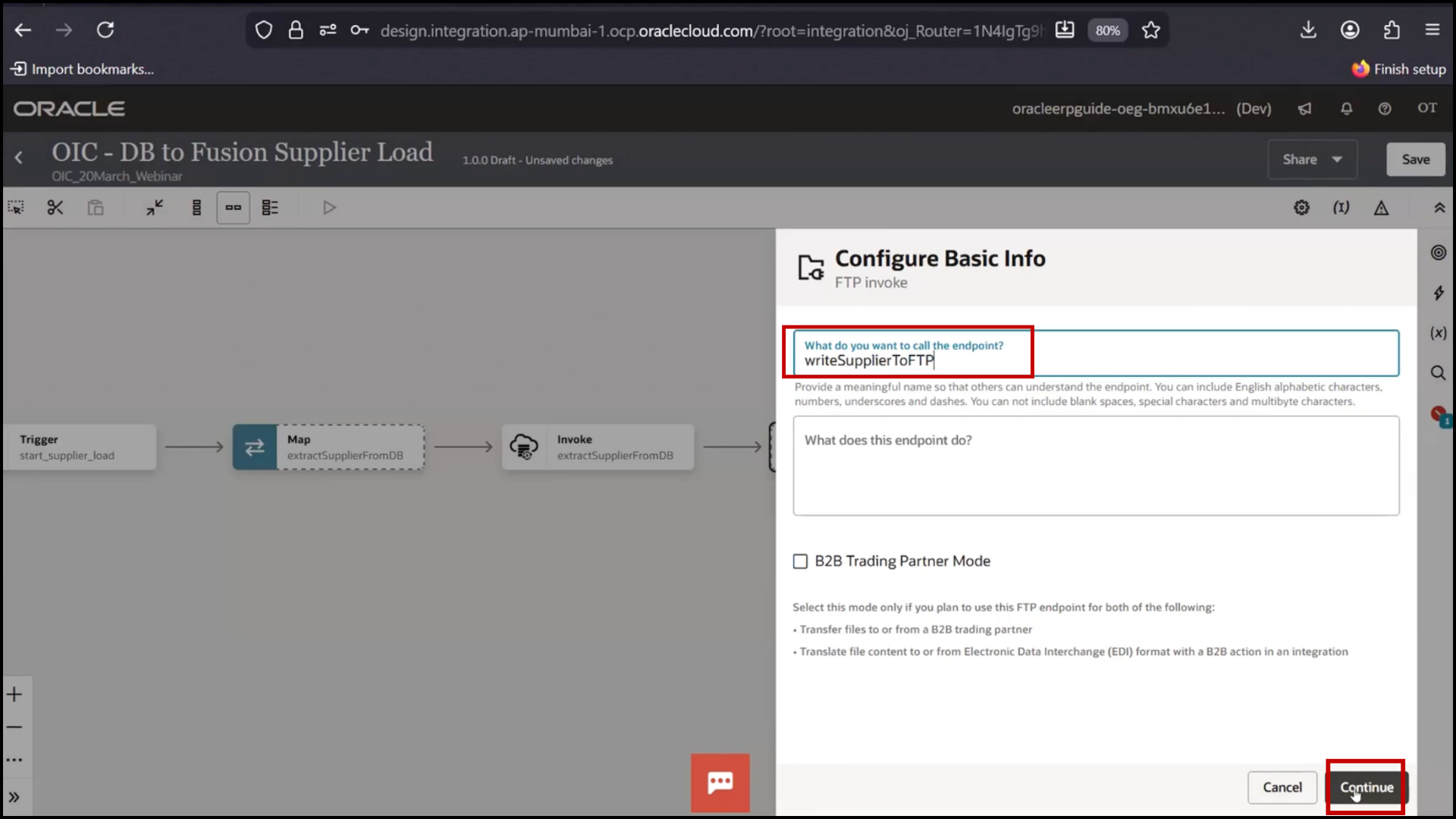 OIC integration flow screen selecting FTP connection for file transfer step in Oracle Integration Cloud (OIC)