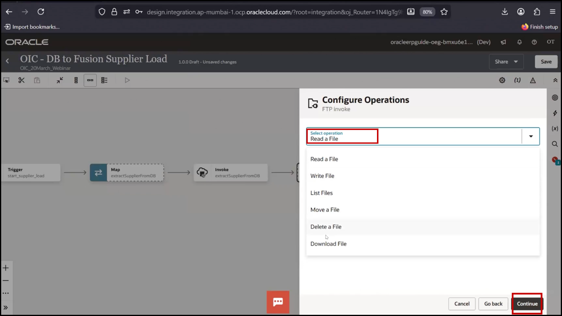 OIC FTP adapter configuration screen selecting Read a file option and clicking Continue in Oracle Integration Cloud (OIC)