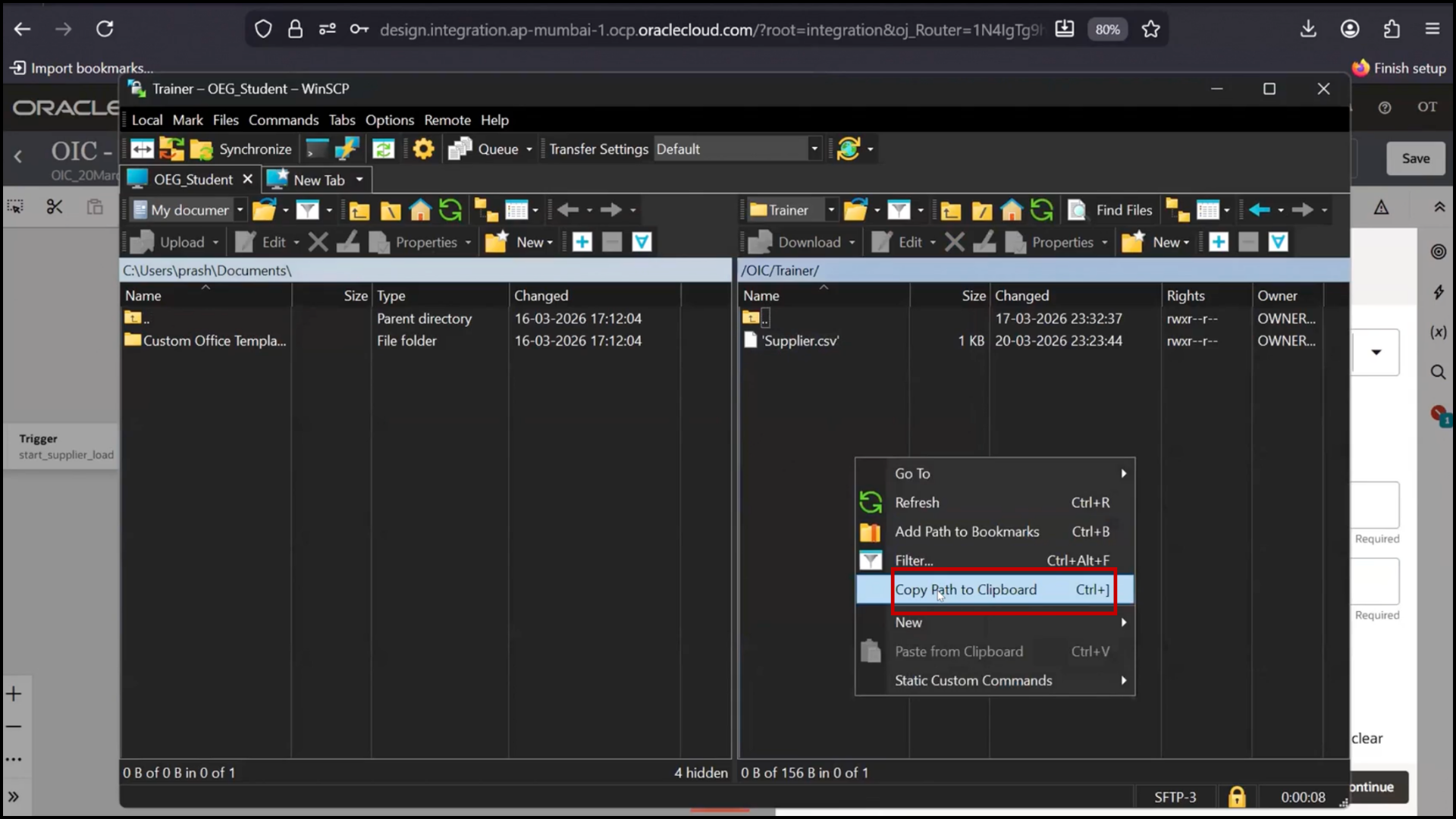OIC FTP configuration screen copying FTP directory path for file processing in Oracle Integration Cloud (OIC)