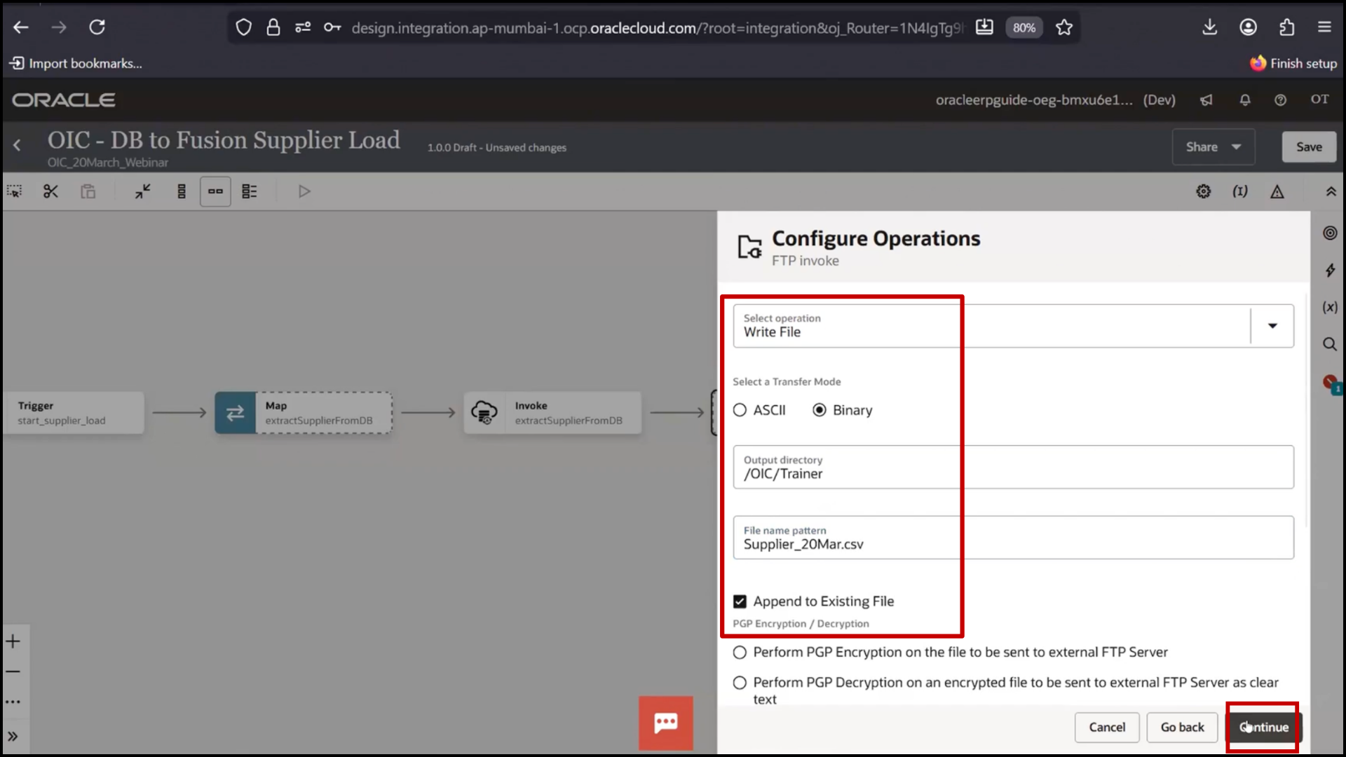OIC FTP configuration screen entering file name supplier_20march.csv for file processing in Oracle Integration Cloud (OIC)
