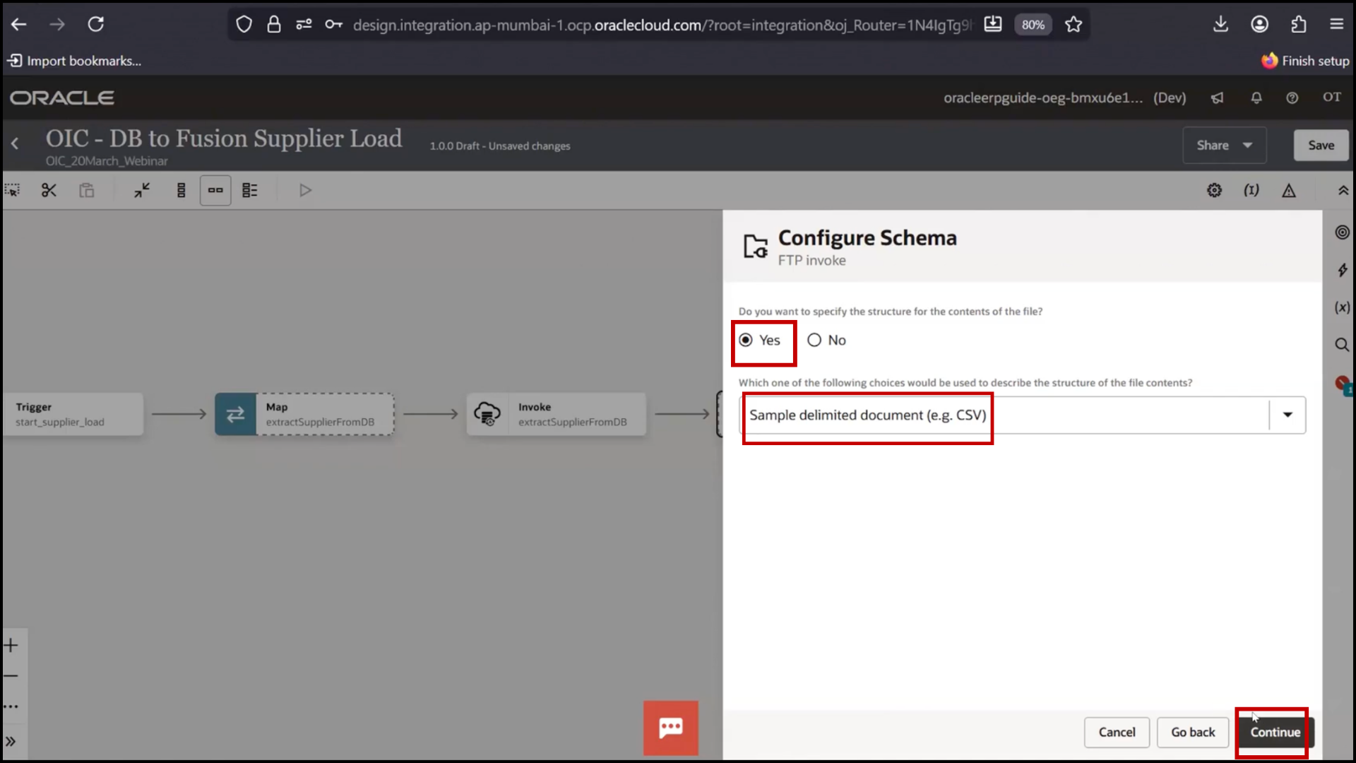 OIC FTP configuration screen selecting "Yes" for file content option in Oracle Integration Cloud (OIC)