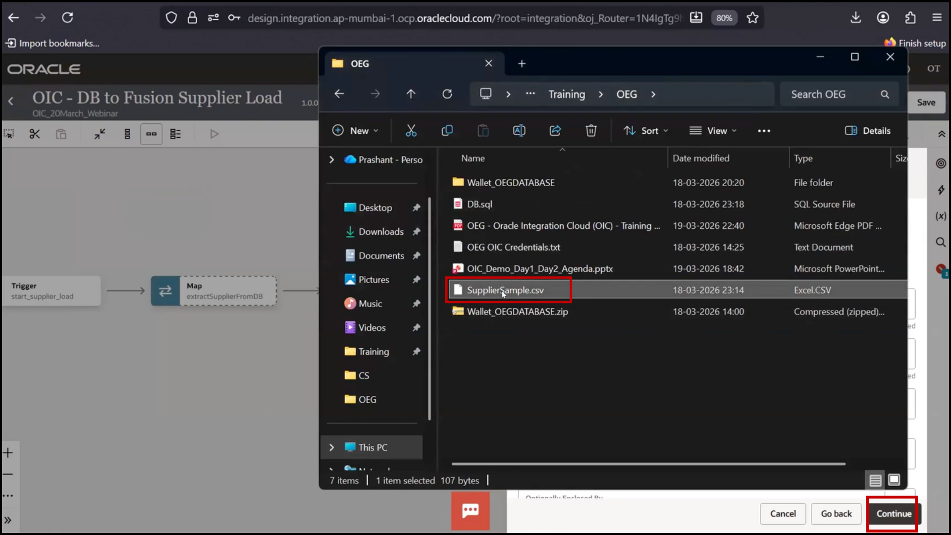 OIC FTP configuration screen: uploading sample file using drag and drop in Oracle Integration Cloud (OIC)