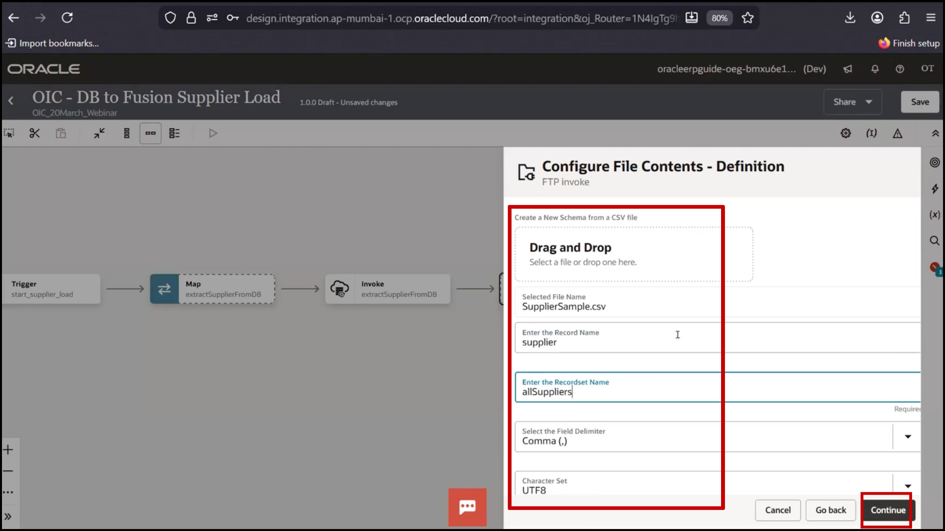 OIC FTP file configuration screen entering Record Set as All Suppliers in Oracle Integration Cloud (OIC)