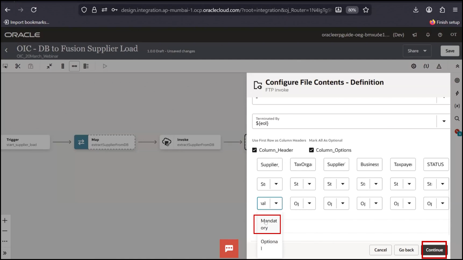 OIC FTP file configuration screen marking fields optional and setting Supplier Name as mandatory in Oracle Integration Cloud (OIC)
