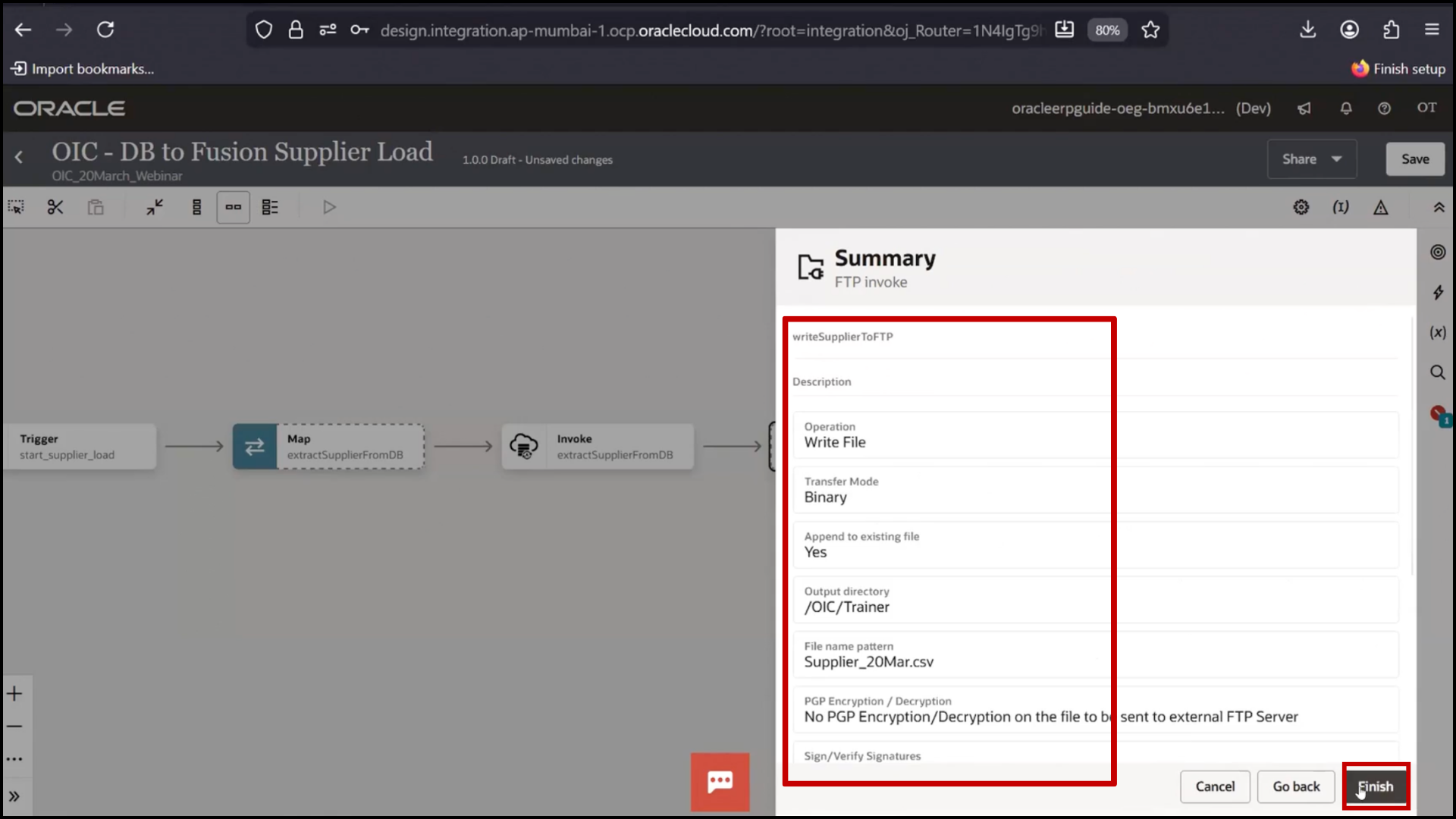OIC FTP configuration screen clicking Continue and Finish to complete setup in Oracle Integration Cloud (OIC)