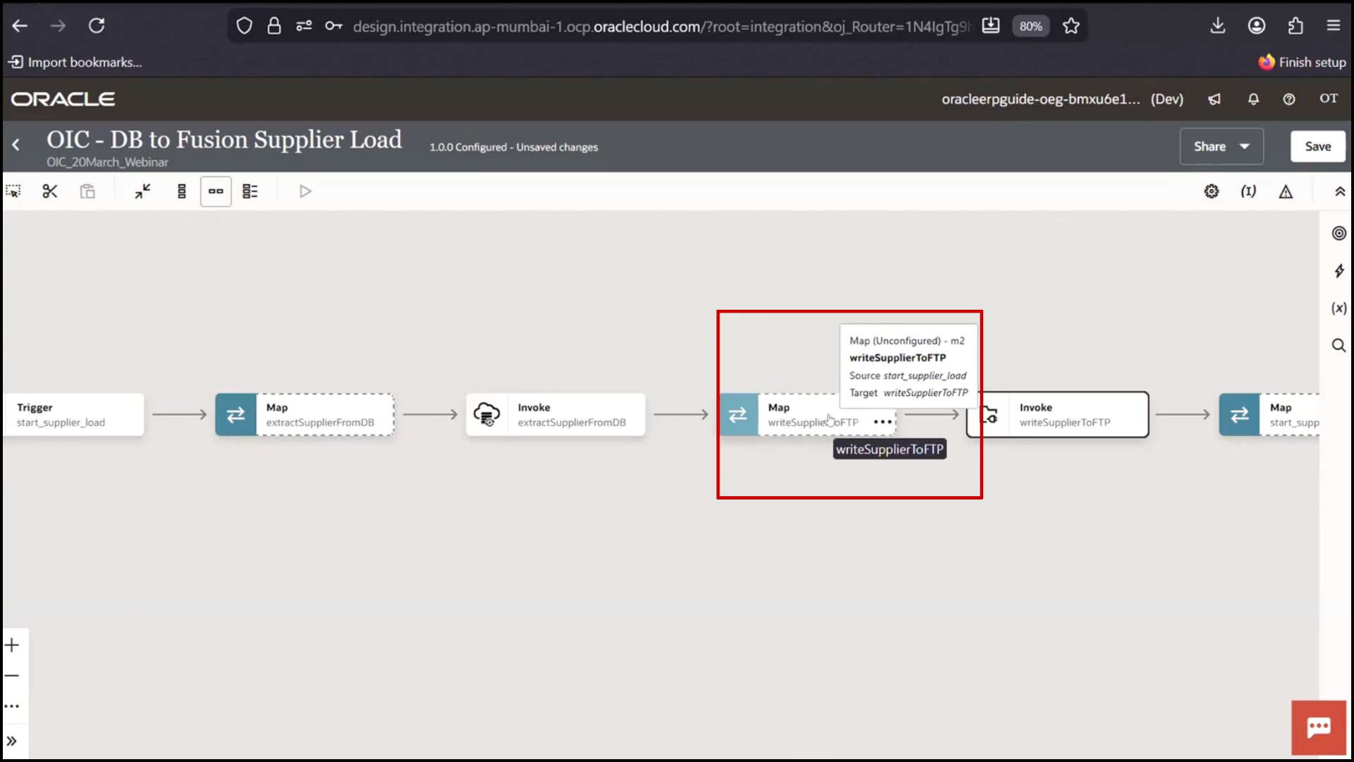 OIC integration screen opening mapper to map data fields in Oracle Integration Cloud (OIC)