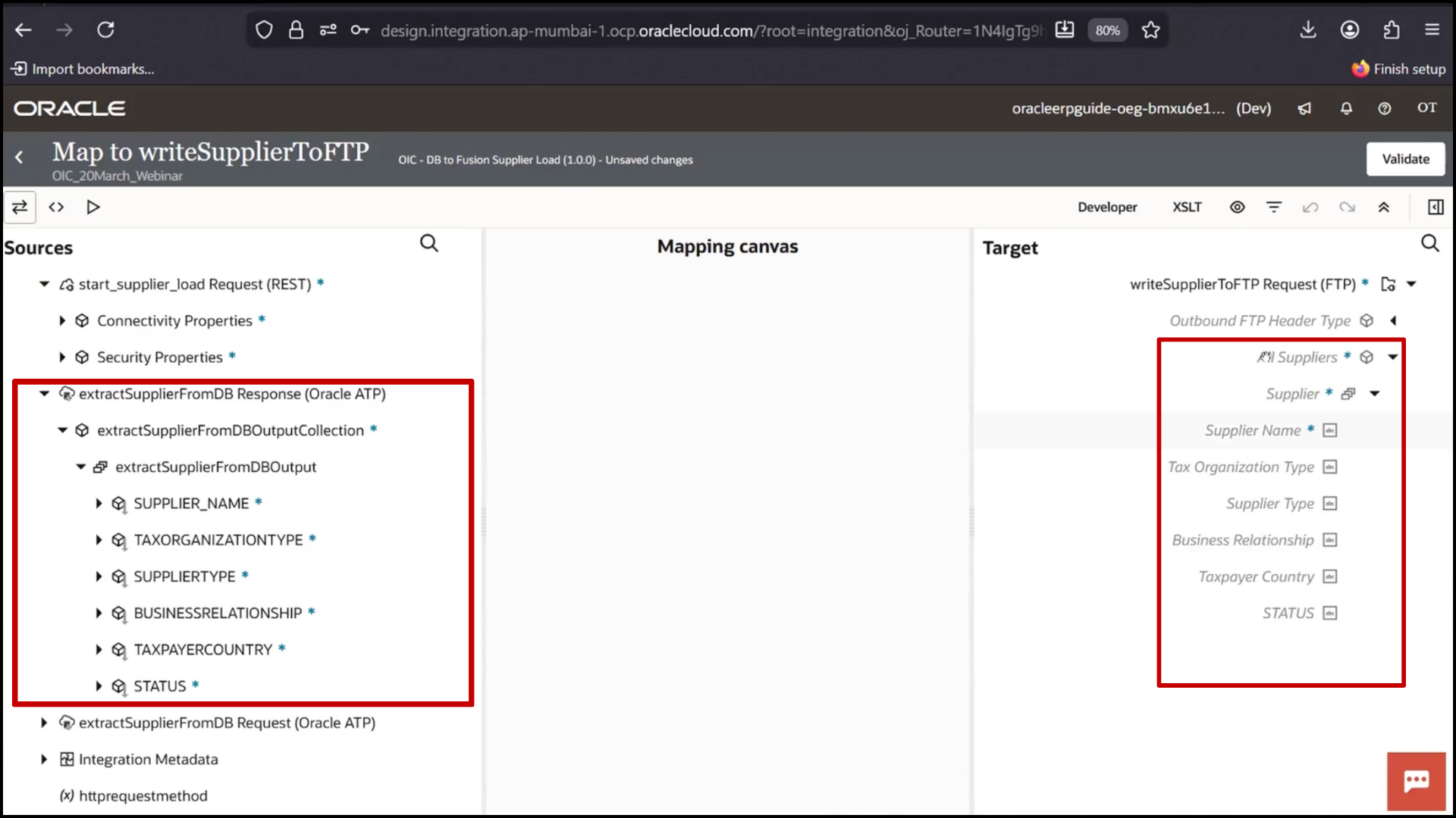 OIC mapper screen expanding DB response node to view source fields in Oracle Integration Cloud (OIC)