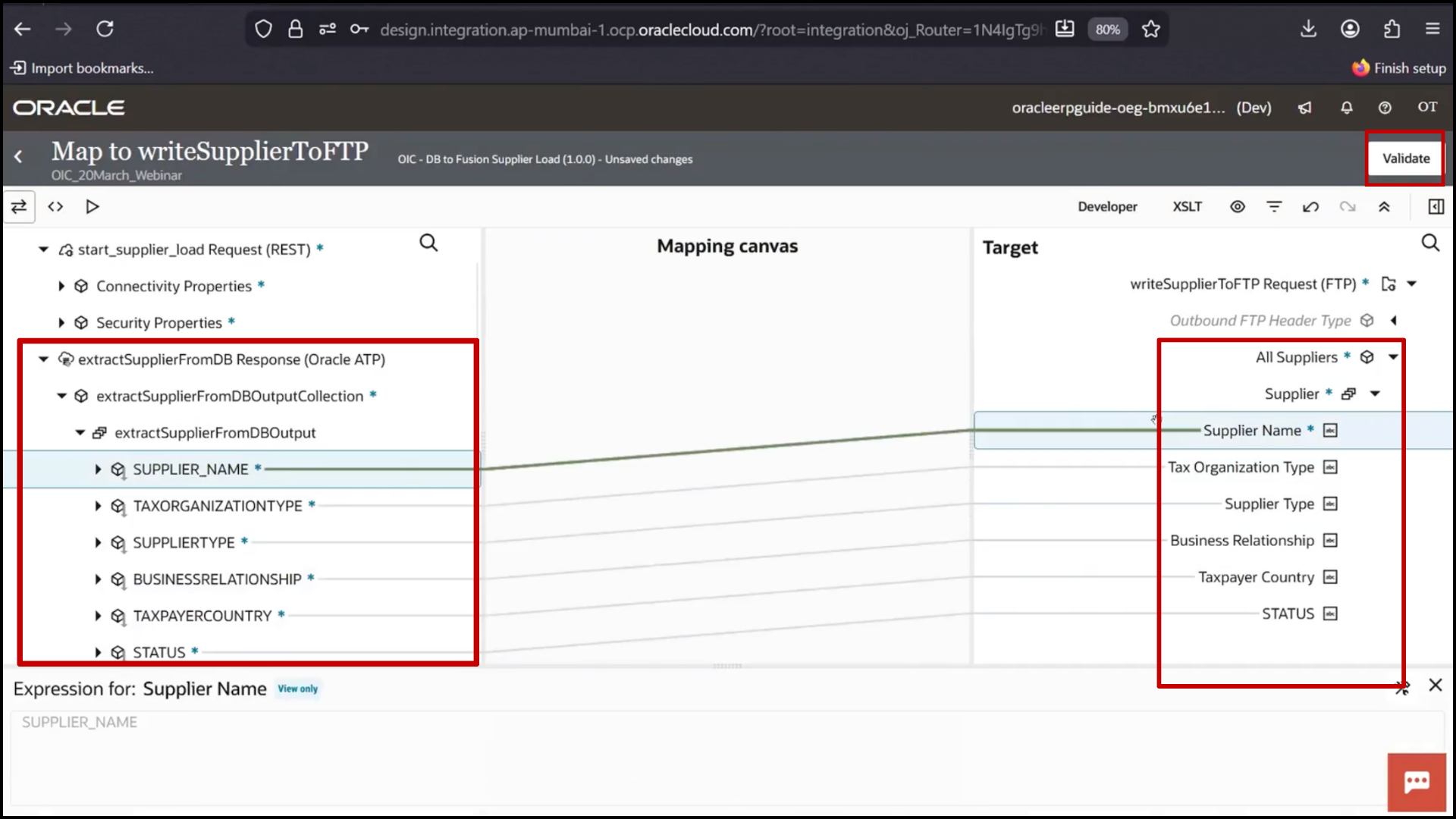 OIC mapper screen mapping database fields to target fields in Oracle Integration Cloud (OIC)