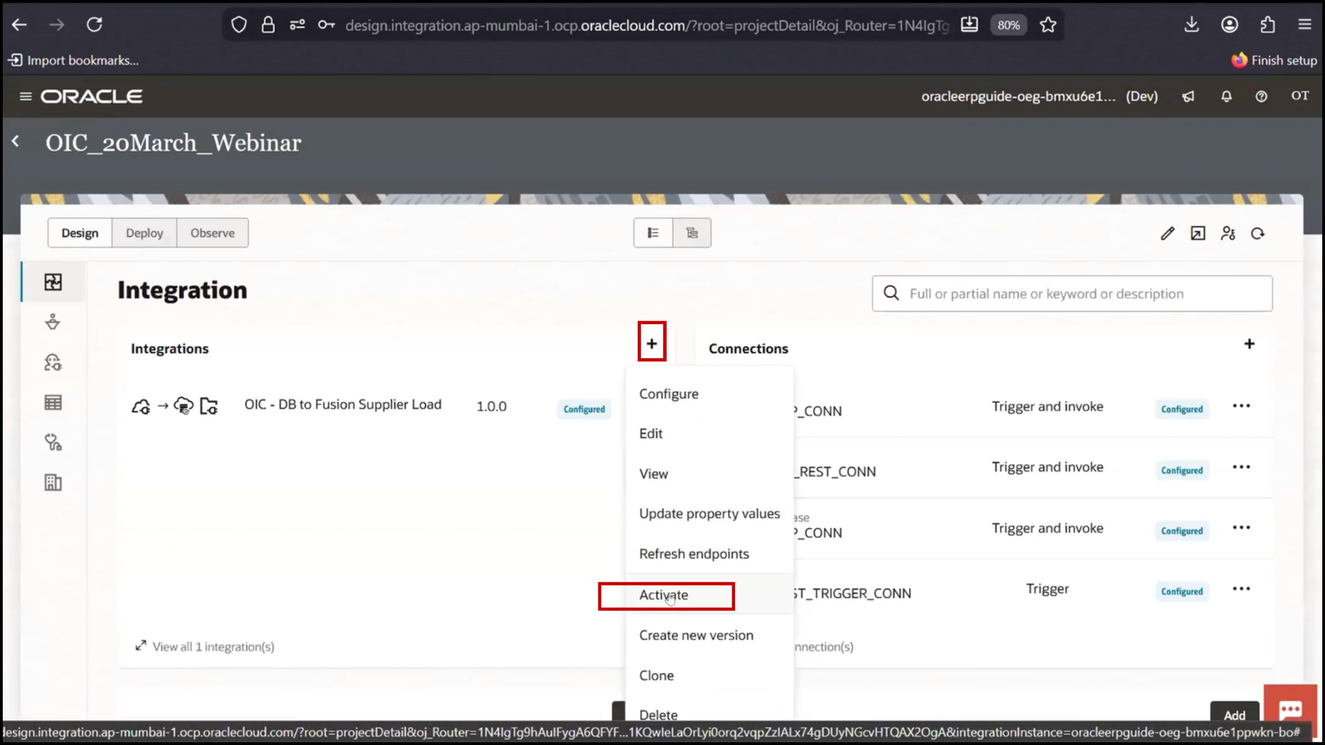 OIC integration screen clicking Activate to deploy the integration in Oracle Integration Cloud (OIC)