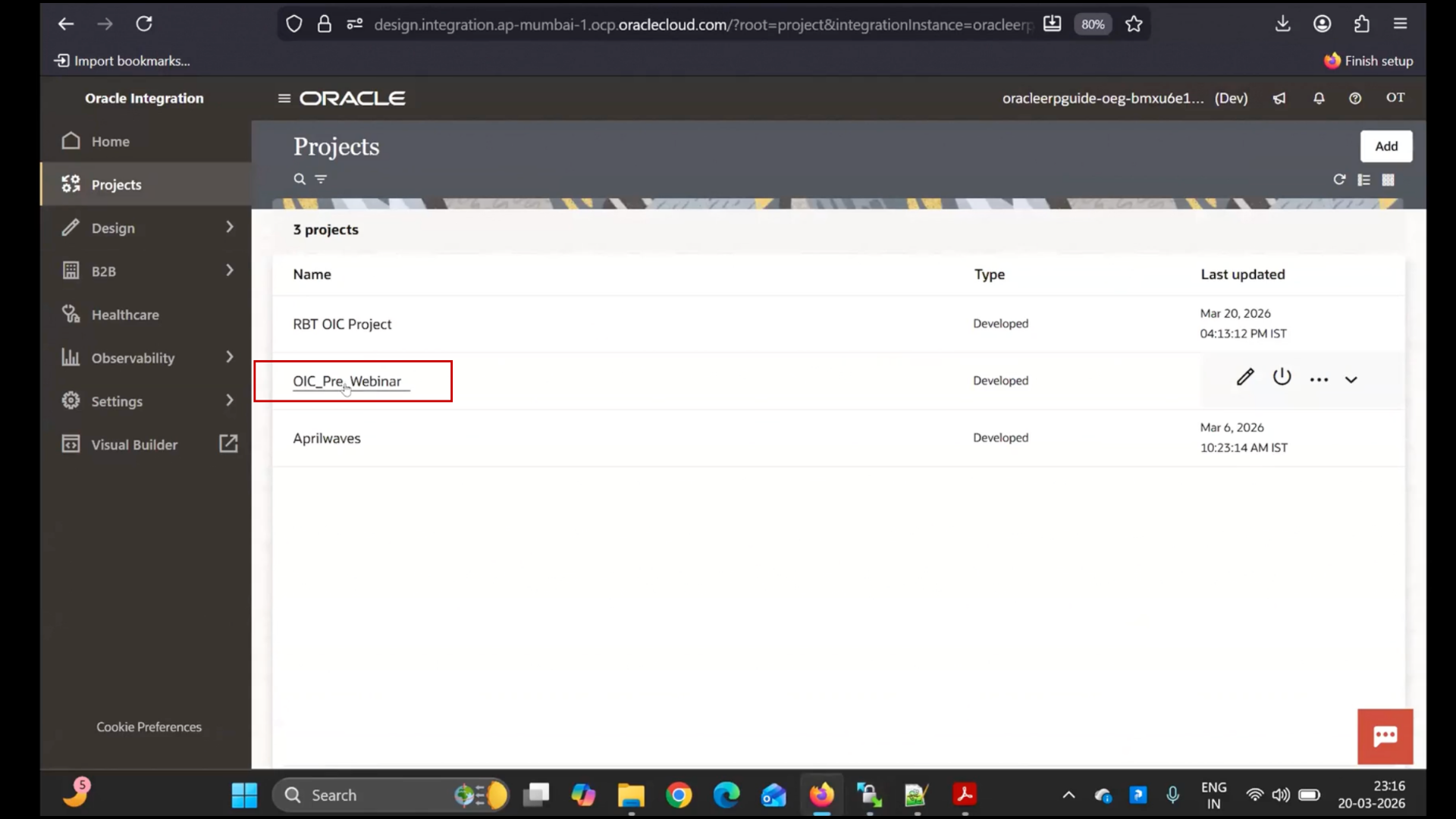 Running SELECT query on OIC_pre table in SQL tool within Oracle Integration Cloud instance
