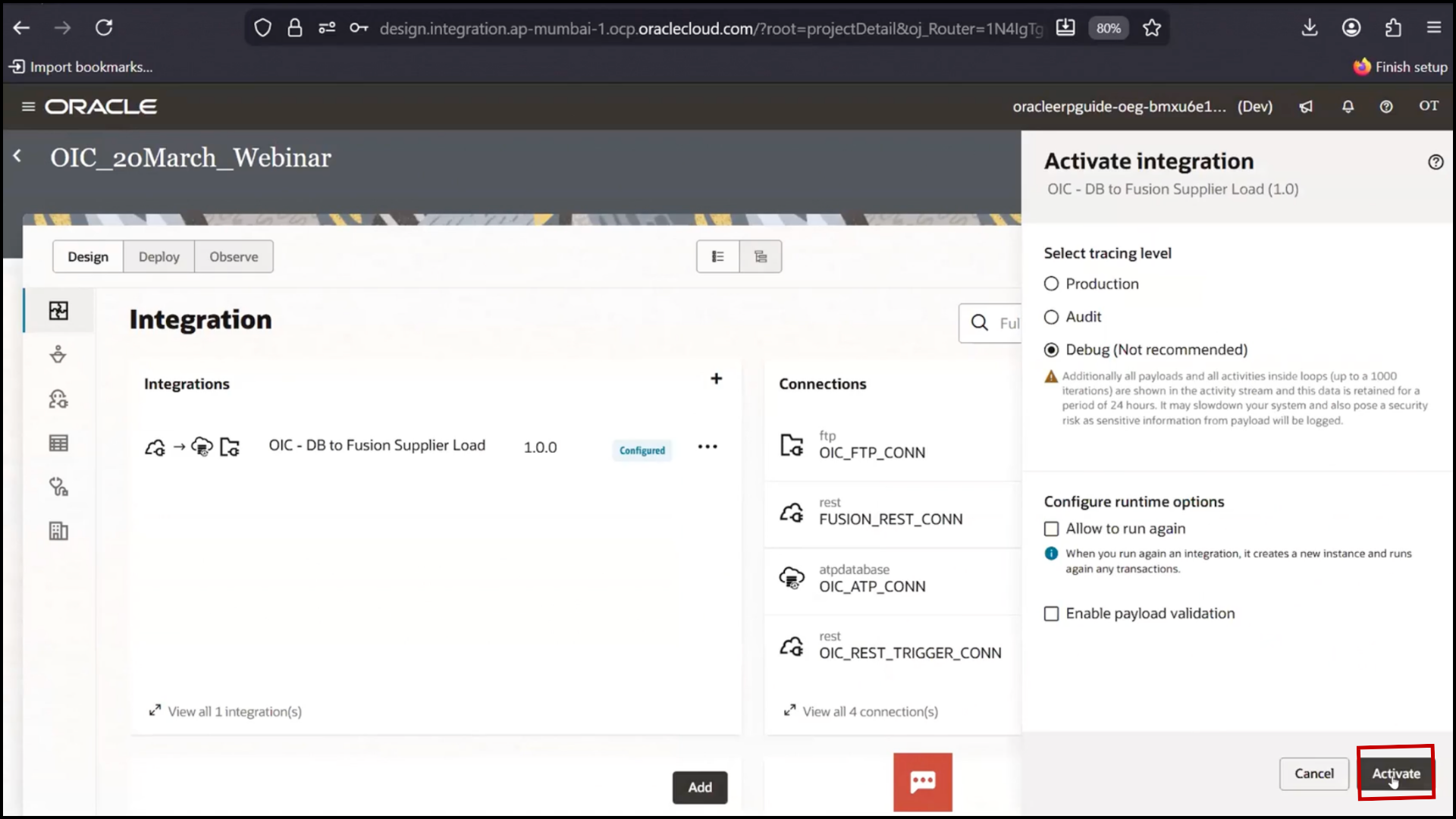 OIC integration activation screen confirming deployment by clicking "Activate" again in Oracle Integration Cloud (OIC)