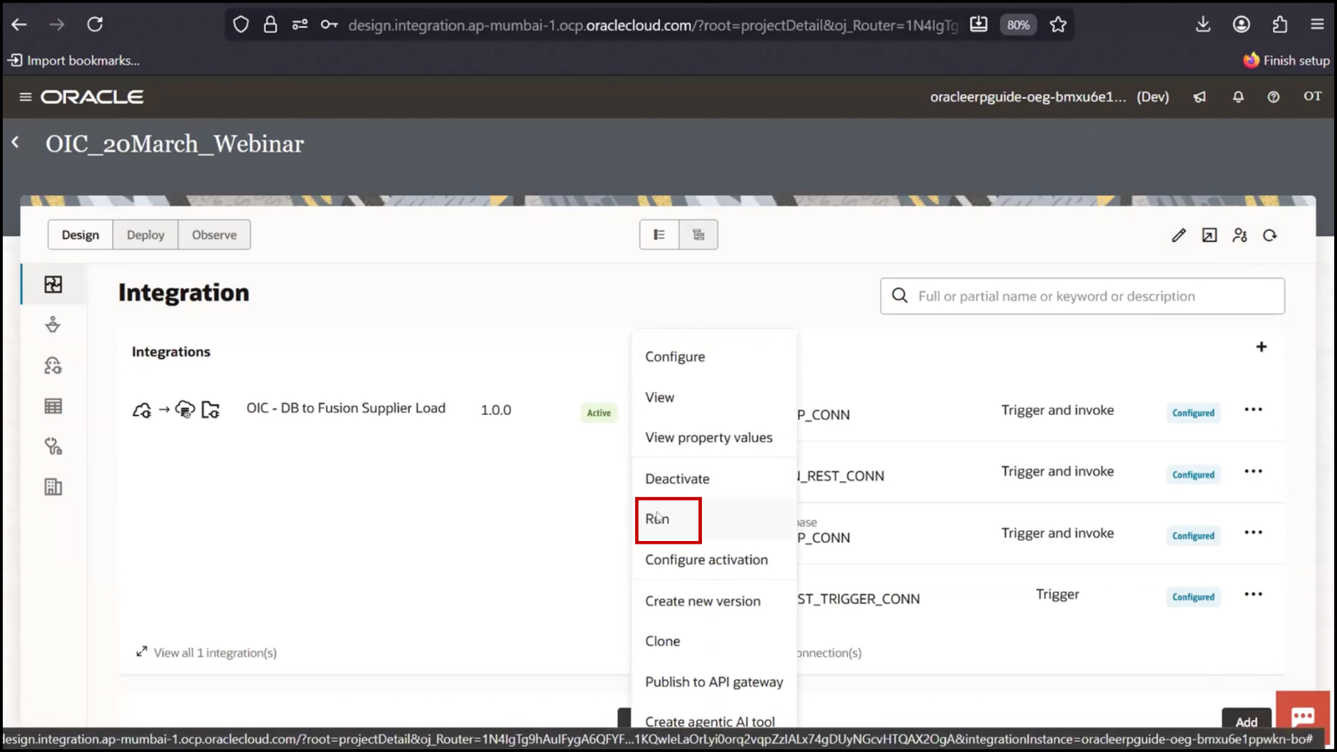 OIC integration screen clicking Run to execute the activated integration in Oracle Integration Cloud (OIC)