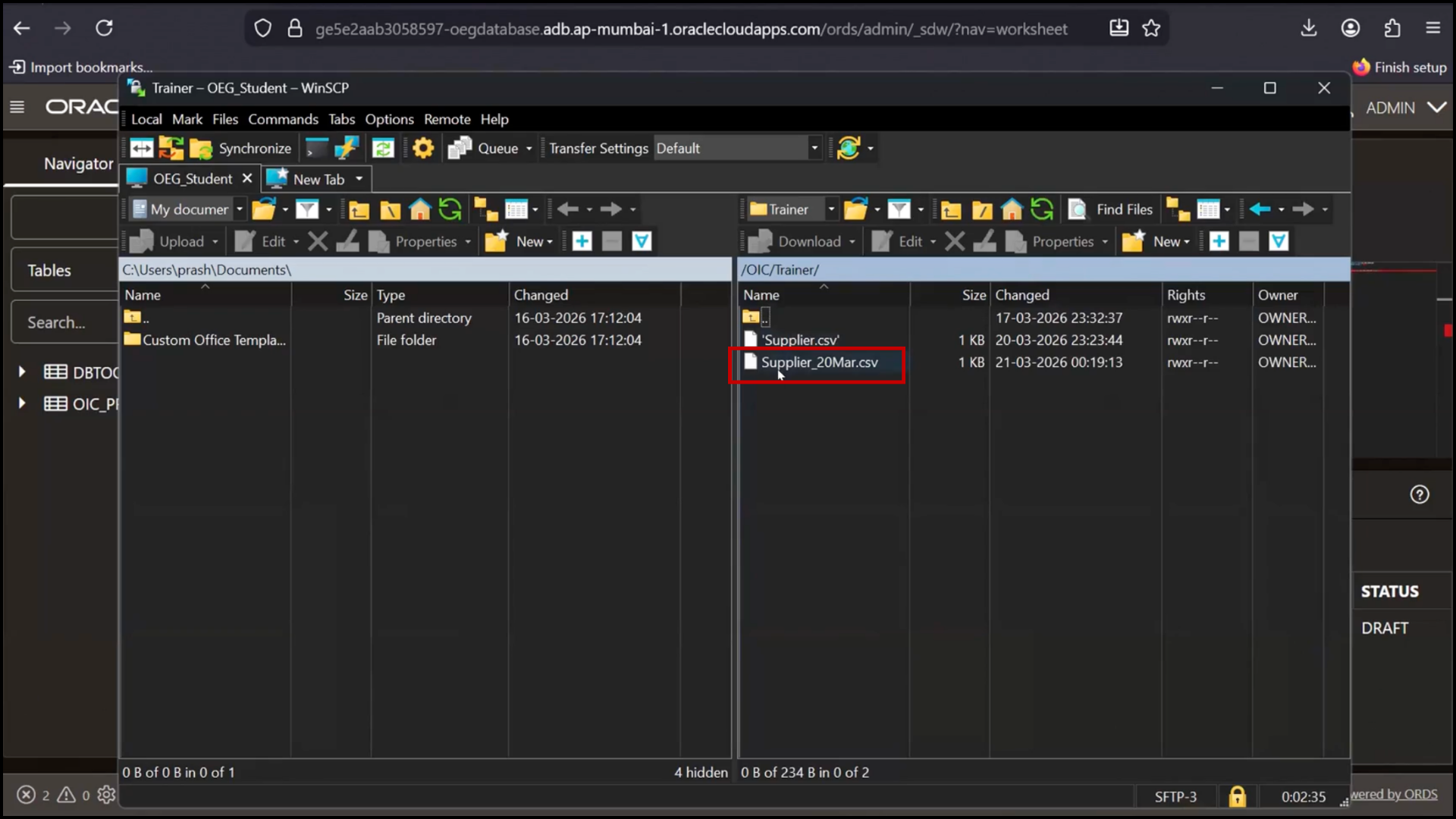 OIC FTP connection screen clicking Reconnect and verifying that a new file is created in Oracle Integration Cloud (OIC)