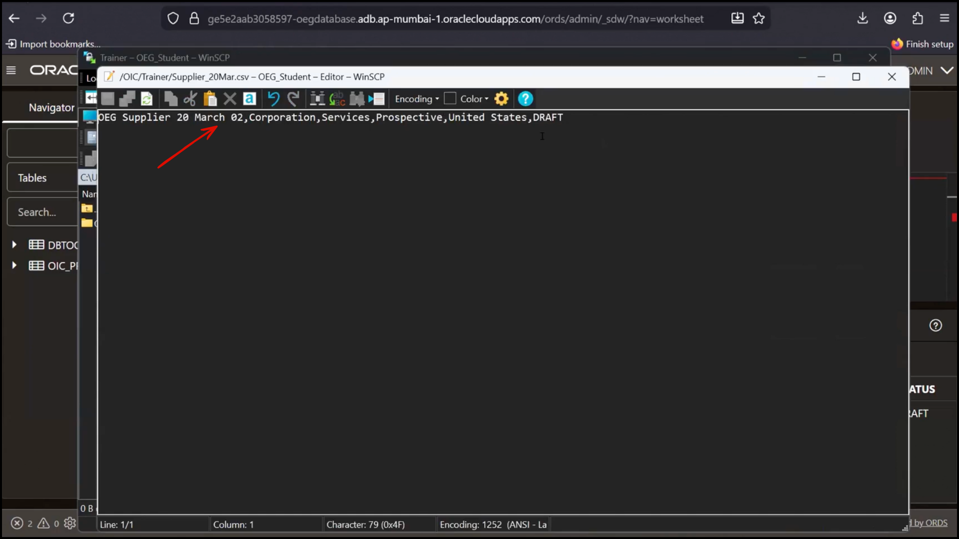 OIC FTP file viewer screen opening the processed file to verify contents in Oracle Integration Cloud (OIC)