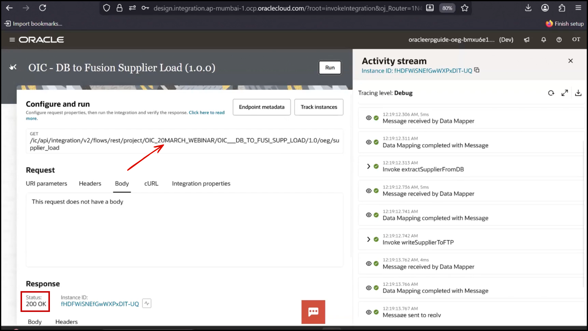 OIC file viewer screen confirming that the expected record is present in the processed file in Oracle Integration Cloud (OIC)