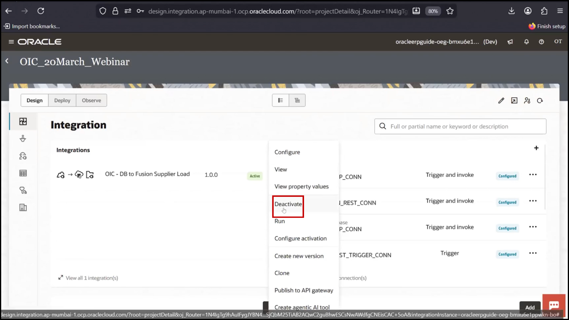 OIC interface screen navigating back to the main Oracle Integration Cloud (OIC) dashboard