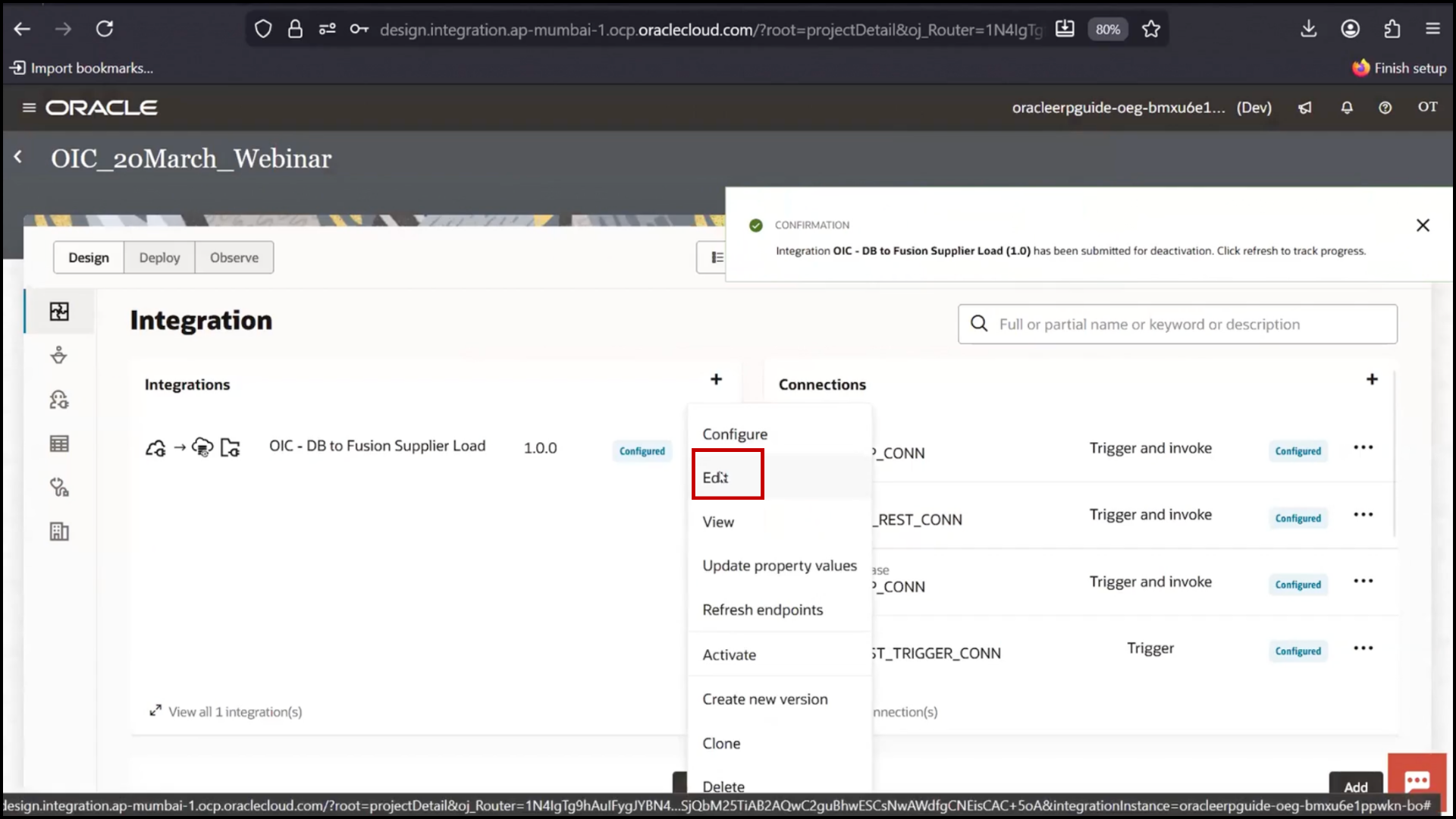 OIC integration screen clicking Edit to modify the integration configuration in Oracle Integration Cloud (OIC)