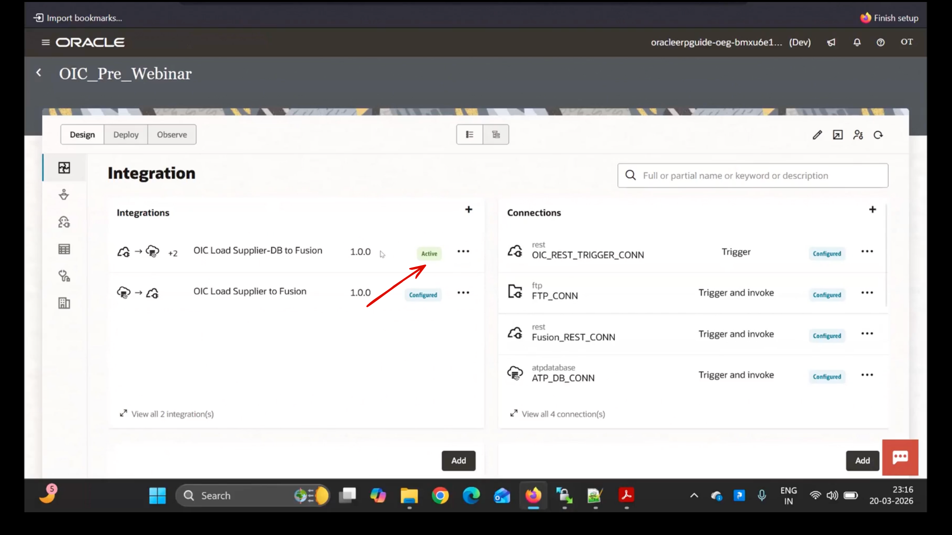 Active status displayed in Oracle Integration Cloud OIC instance