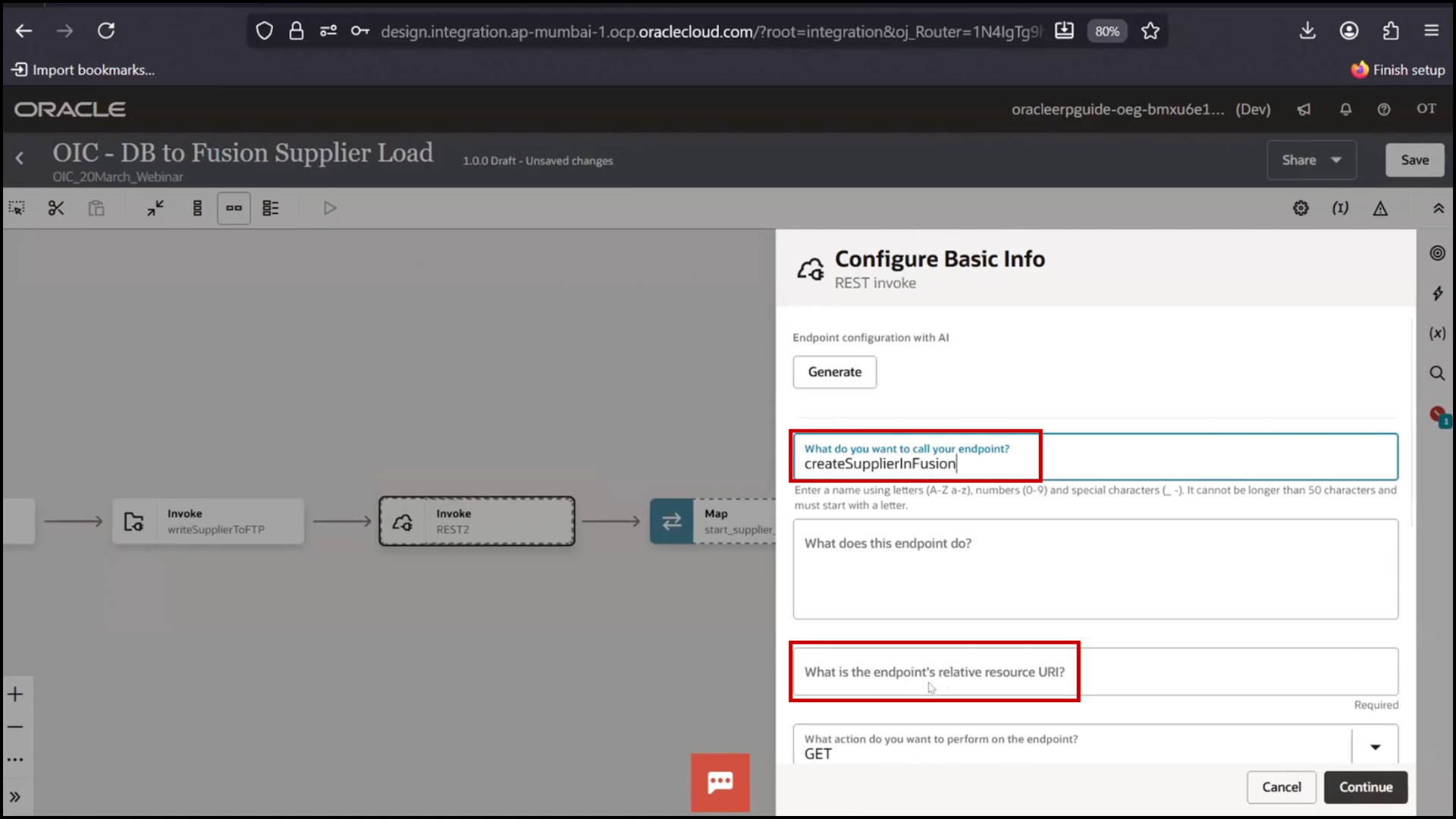 OIC REST configuration screen entering name as Create in Fusion and providing relative endpoint URI in Oracle Integration Cloud (OIC)