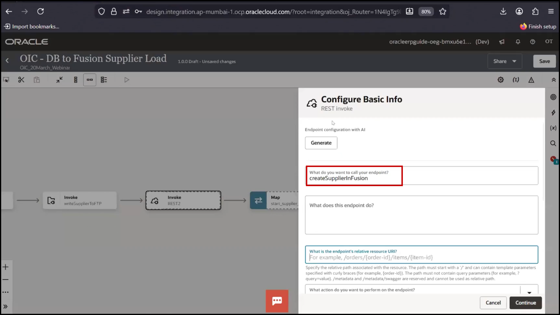 OIC REST configuration screen clicking Continue to proceed with setup in Oracle Integration Cloud (OIC)