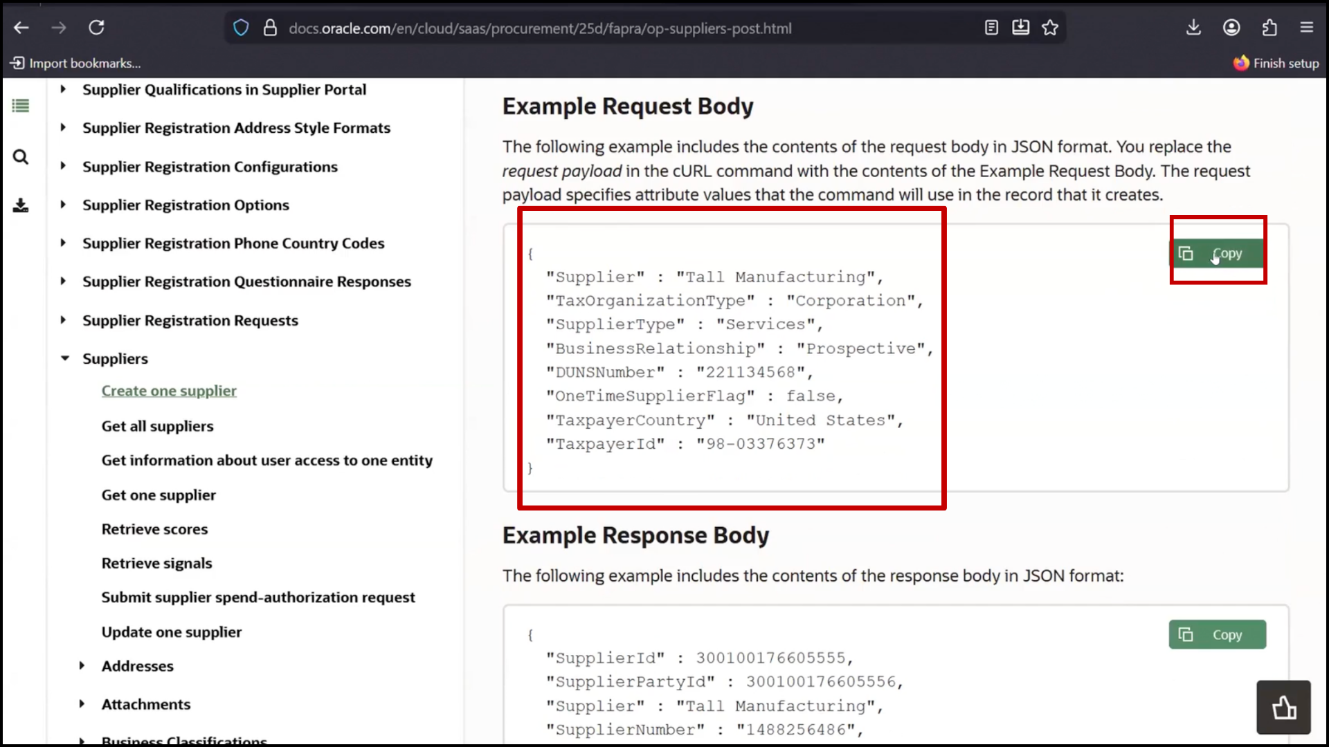 OIC REST configuration screen copying sample JSON payload for API request structure in Oracle Integration Cloud (OIC)