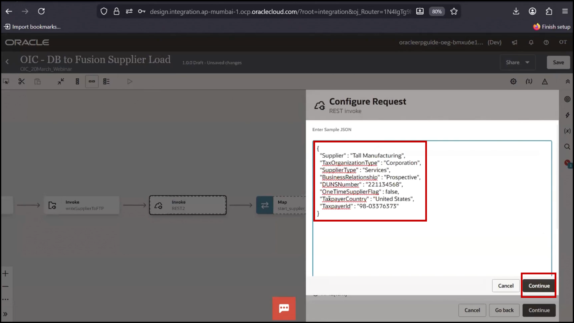 OIC REST configuration screen pasting sample JSON payload and clicking Continue in Oracle Integration Cloud (OIC)
