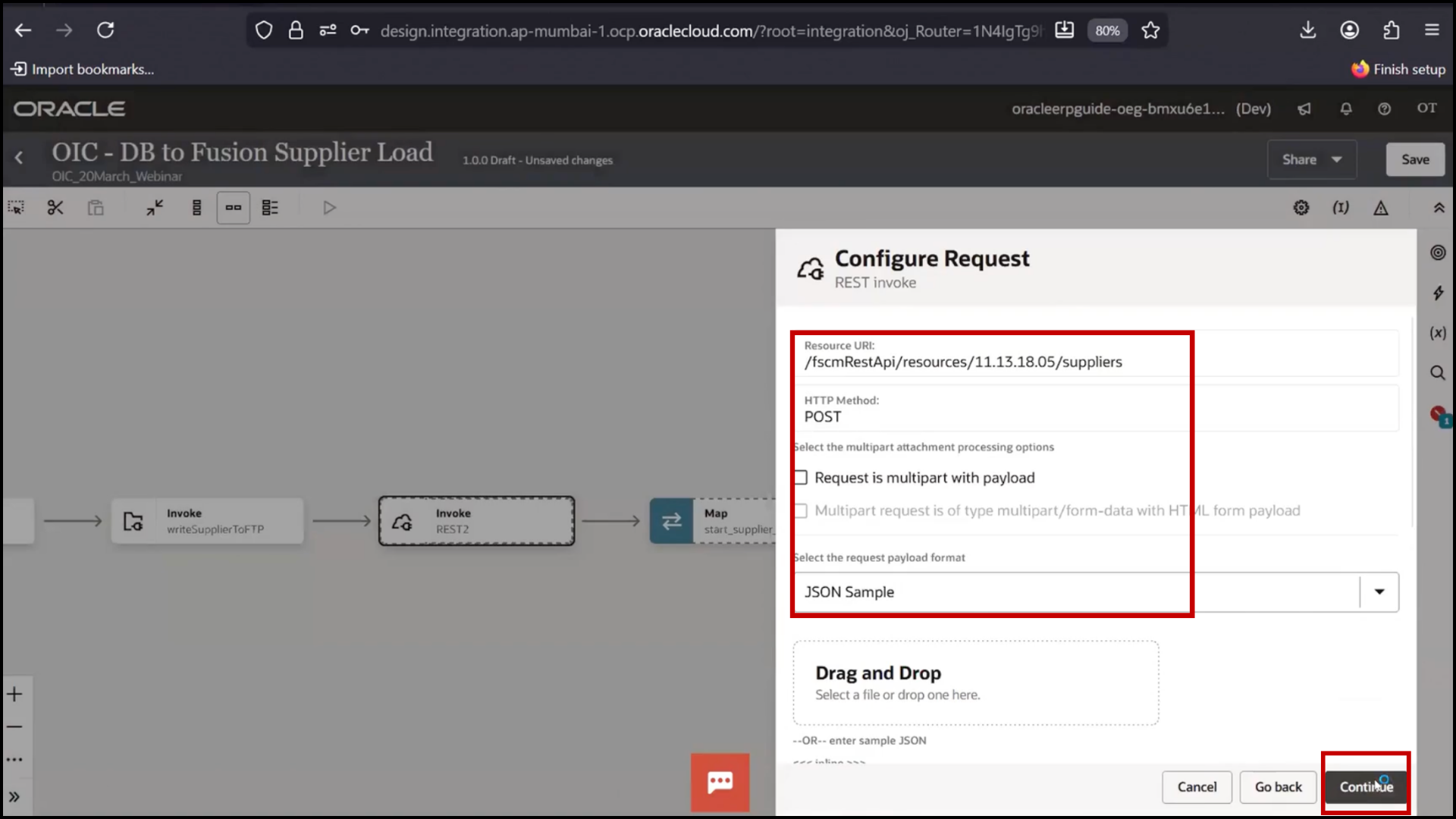 OIC REST configuration screen keeping optional fields as needed and clicking Continue in Oracle Integration Cloud (OIC)
