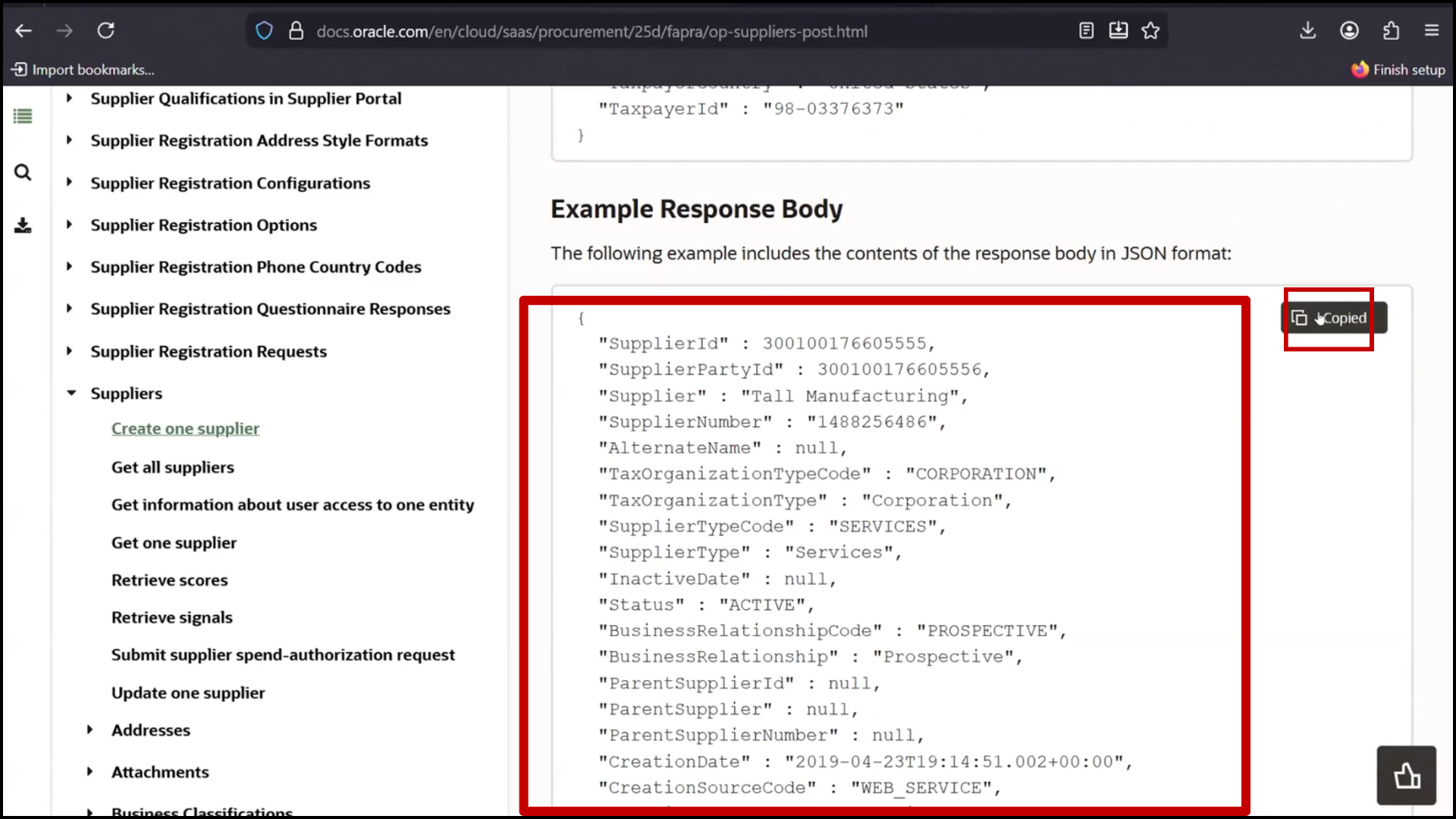 OIC REST configuration screen copying sample response JSON for API response structure in Oracle Integration Cloud (OIC)