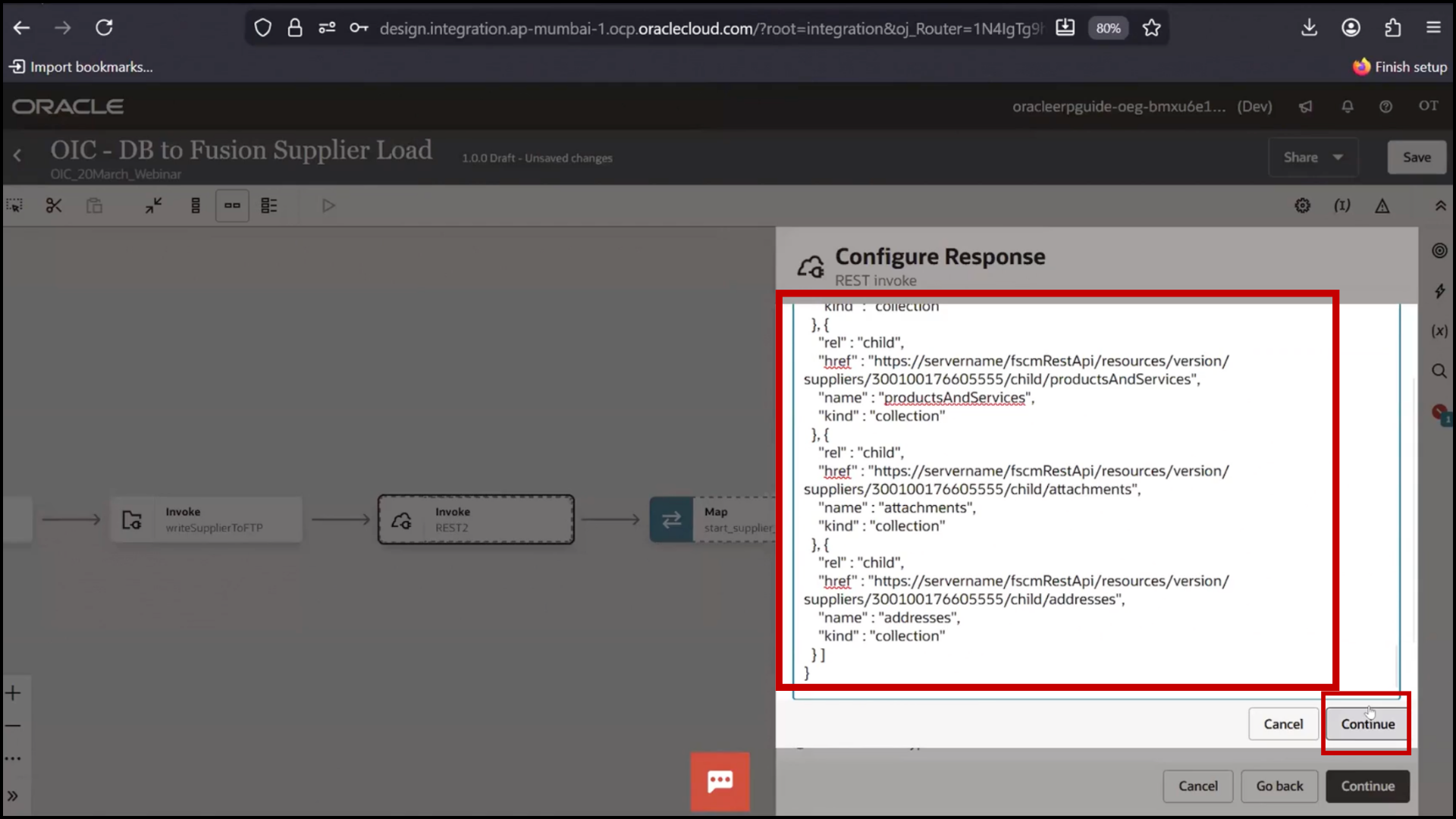 OIC REST configuration screen providing sample response JSON and clicking Continue in Oracle Integration Cloud (OIC)