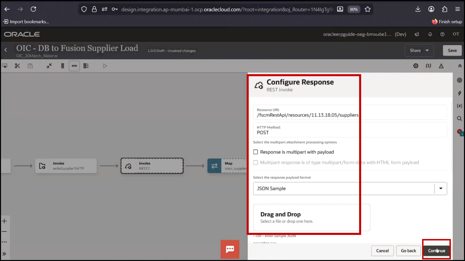 OIC REST configuration screen reviewing integration summary before finalizing setup in Oracle Integration Cloud (OIC)